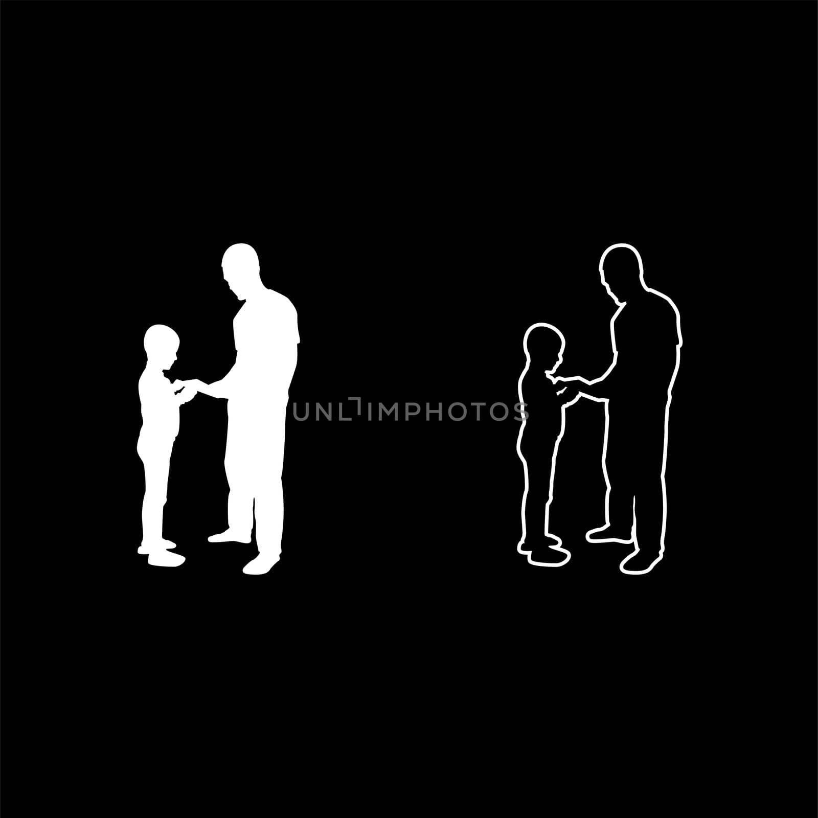 Man transmits thing to boy Father Male give book gadget smartphone son children take something Dad relationship Family concept Child friendship toddler daddy silhouette white color vector illustration solid outline style simple image