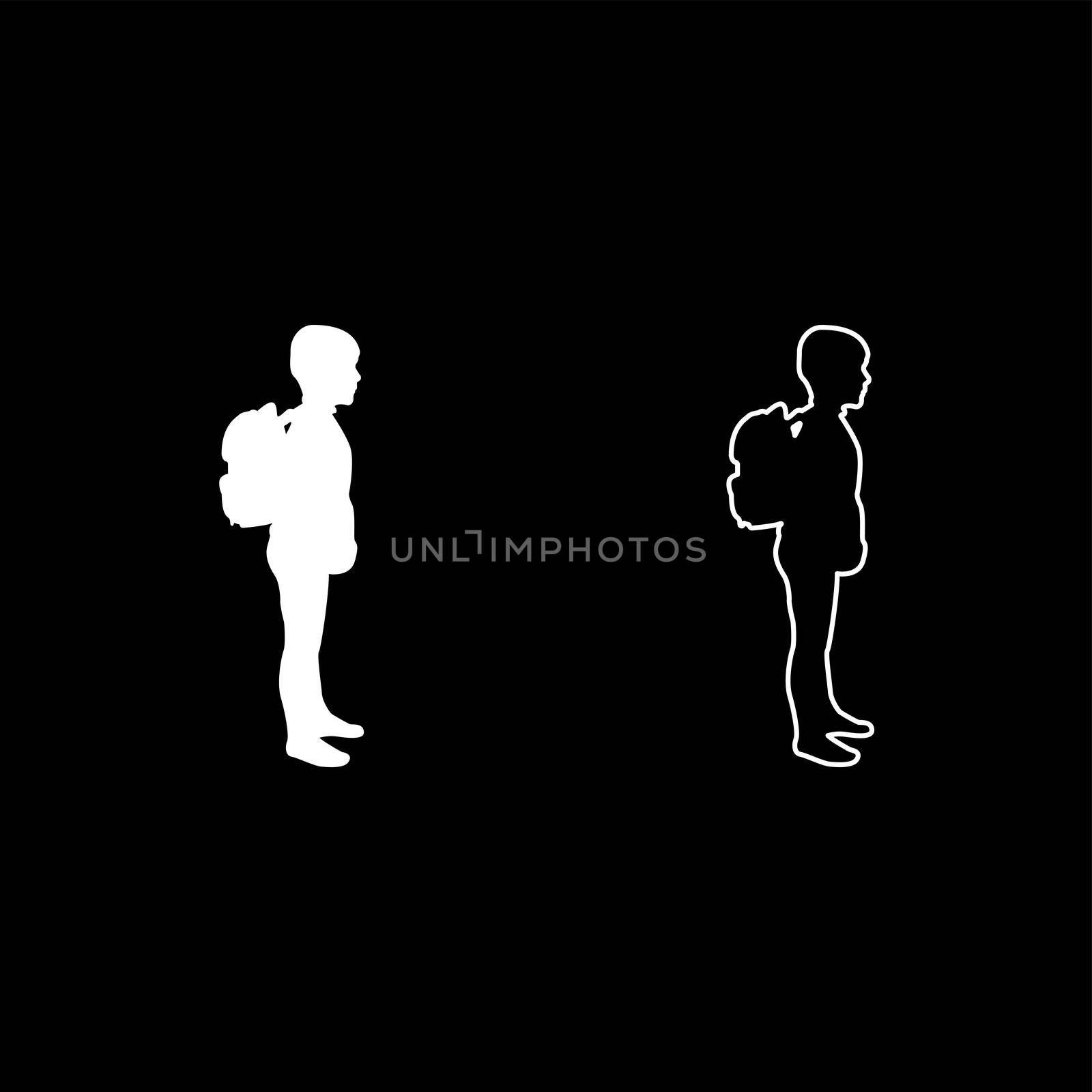 Schoolboy with backpack Pupil stand carrying on back Going to school concept Come back to school idea education Preschooler rucksack first September start lessons knapsack Side view silhouette white color vector illustration solid outline style simple image