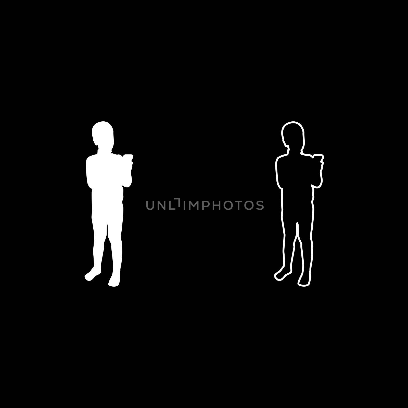Boy holding smartphone phone Playing tablet Male using communication tool Adolescent looking phone addiction Concept dependency from modern technologies silhouette white color vector illustration solid outline style simple image