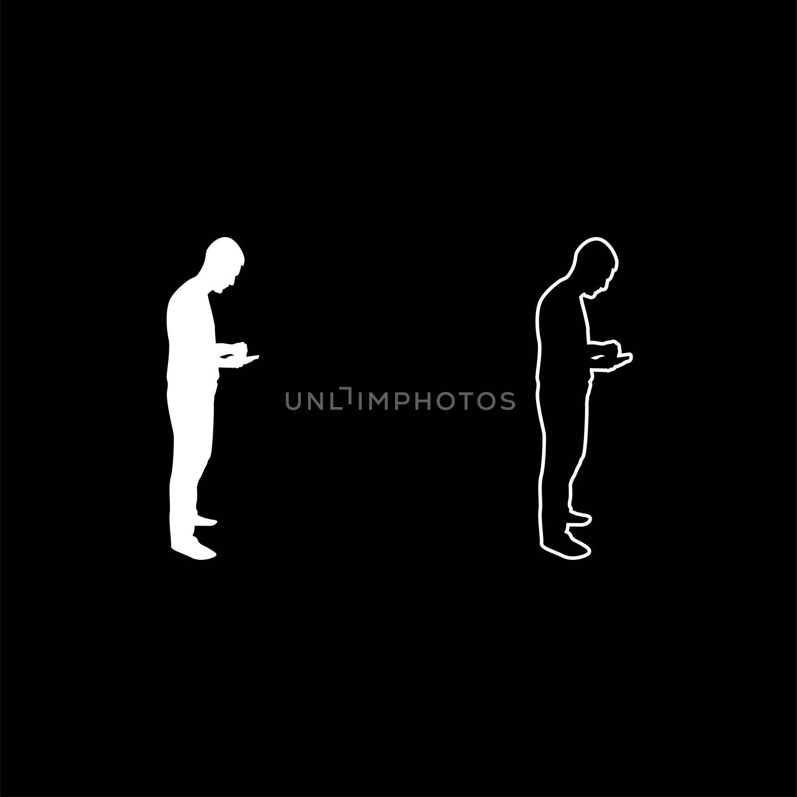 Man holding smartphone phone Playing tablet Male using communication tool Idea looking phone addiction Concept dependency from modern technologies silhouette white color vector illustration solid outline style simple image