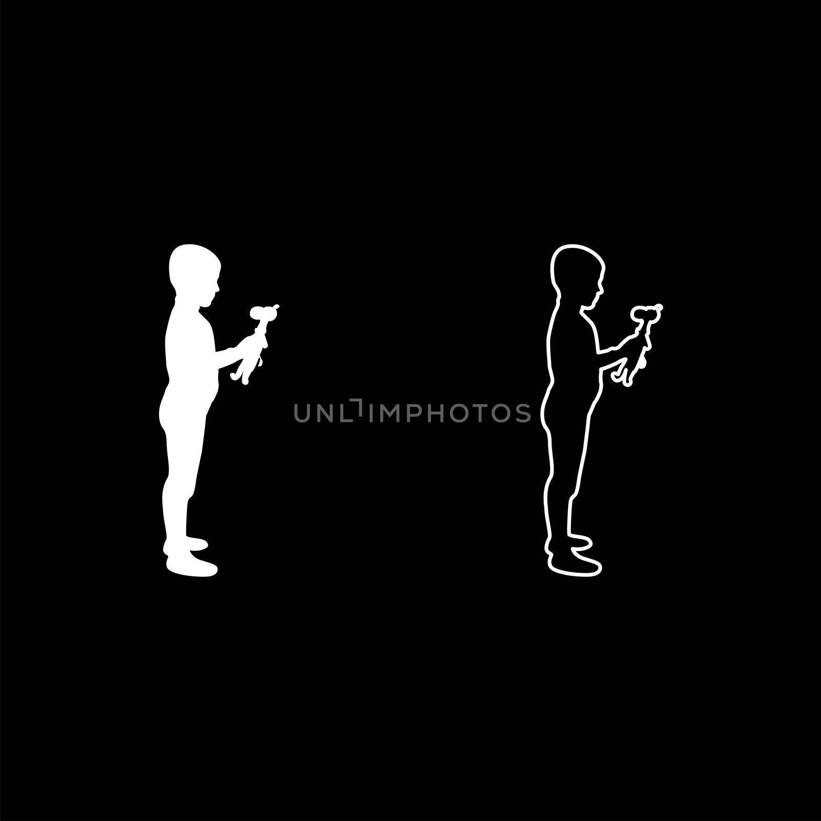 Boy holds toy Child hold giraffe Preschool Brother holding amigurumi Son with gifts Teddy plaything presents friend for children kid silhouette white color vector illustration solid outline style simple image