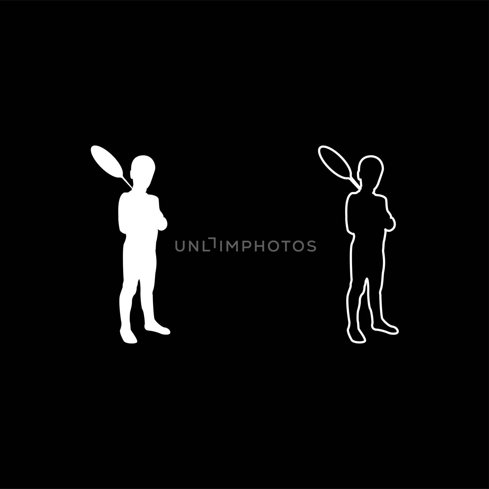 Boy holds badminton racket Cute young child holding standing toy shuttlecock Happy concept Teenage action Summer sport activity Camp concept Kid will play Having fun silhouette white color vector illustration solid outline style simple image