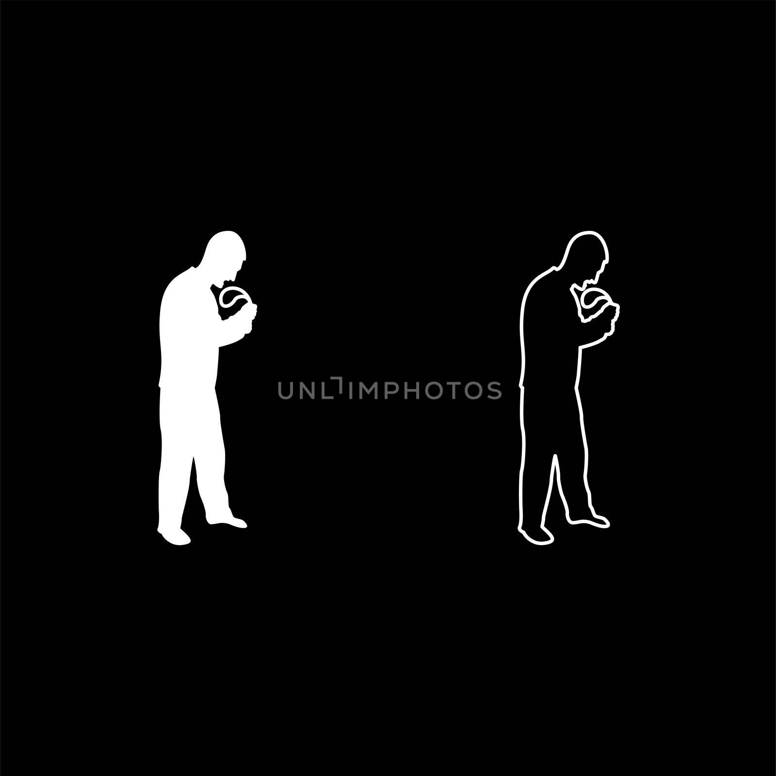 Angry man with belt in hand for punishment warns Violence in family concept Abuse idea Domestic trouble Fury male threatening victim Social problem Husband father emotionally aggression against human Bullying silhouette white color vector illustration solid outline style simple image