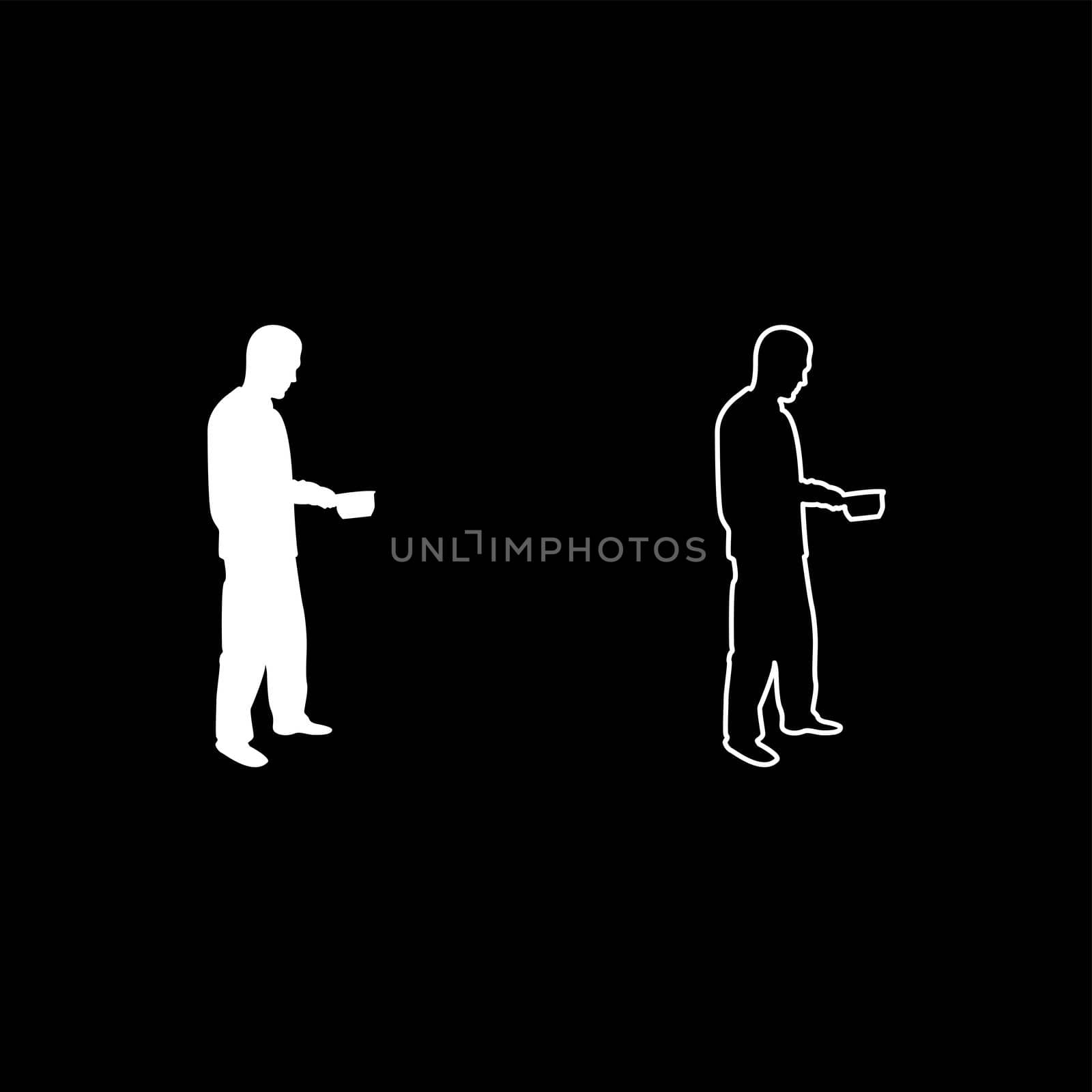 Man with saucepan in his hands preparing food Male cooking use sauciers silhouette white color vector illustration solid outline style simple image