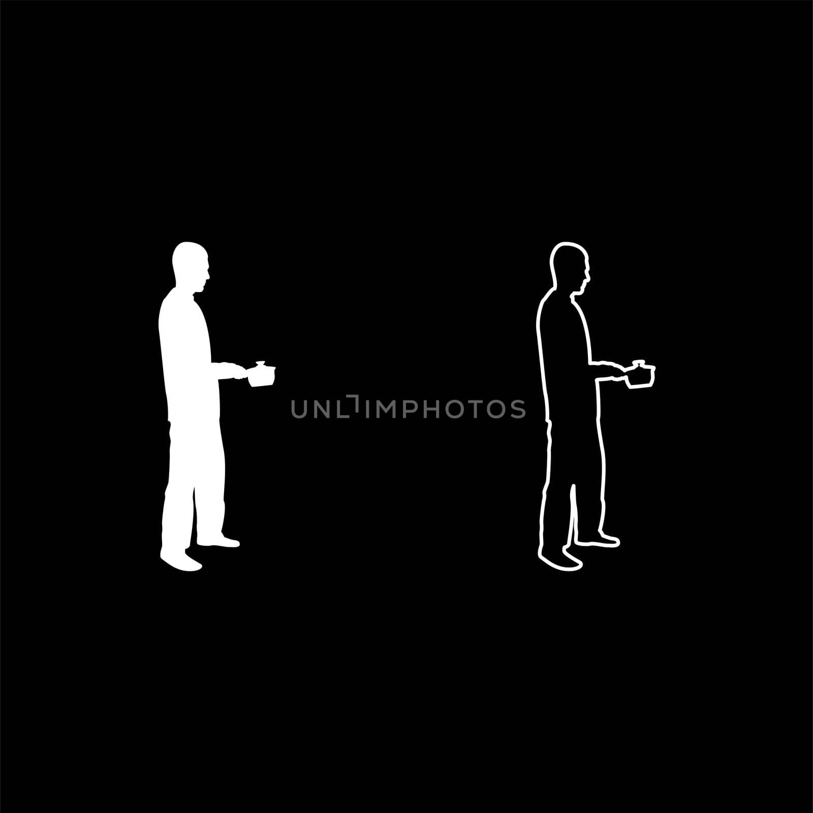 Man with saucepan in his hands preparing food Male cooking use sauciers silhouette white color vector illustration solid outline style simple image