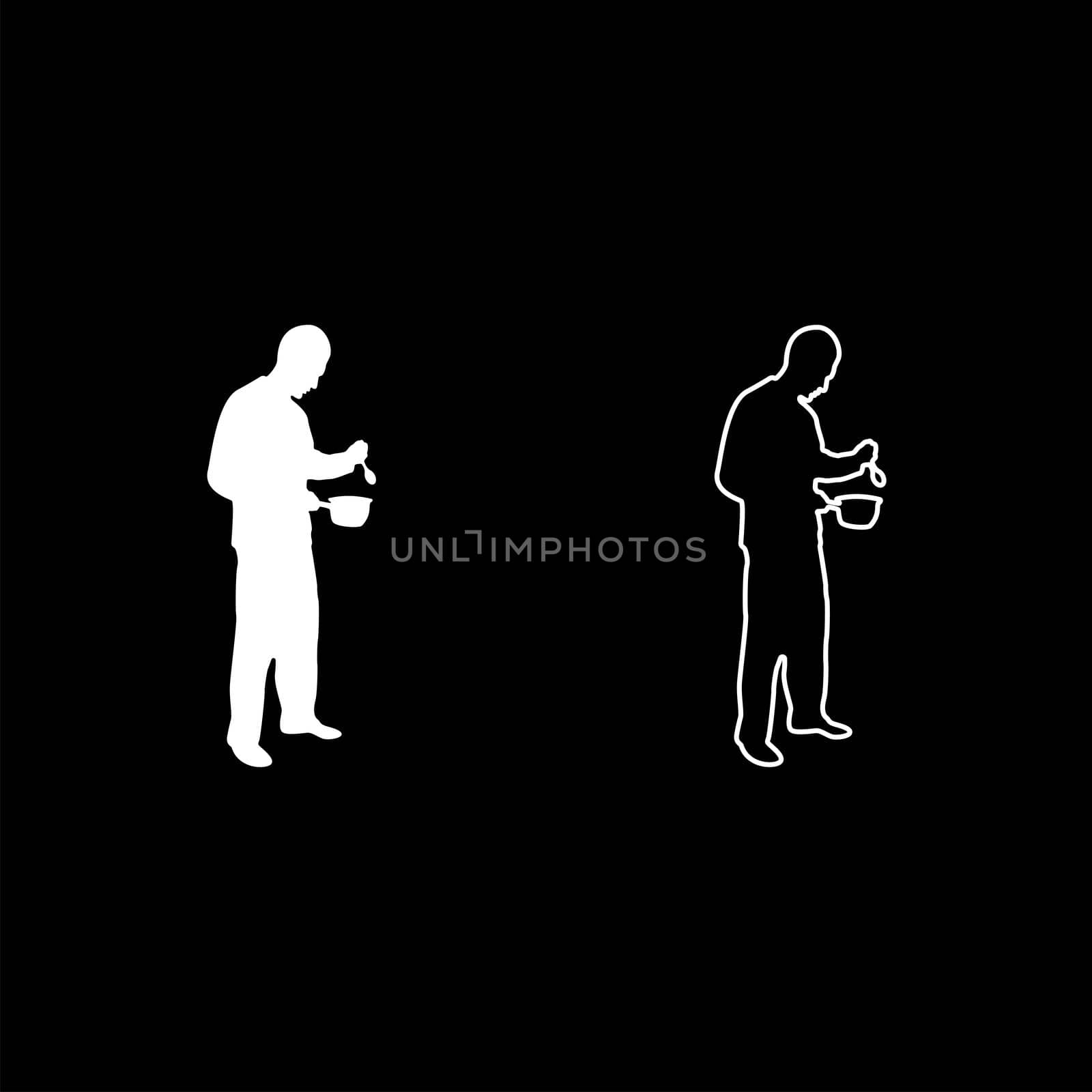 Man with saucepan spoon in his hands preparing food Male cooking use sauciers silhouette white color vector illustration solid outline style simple image