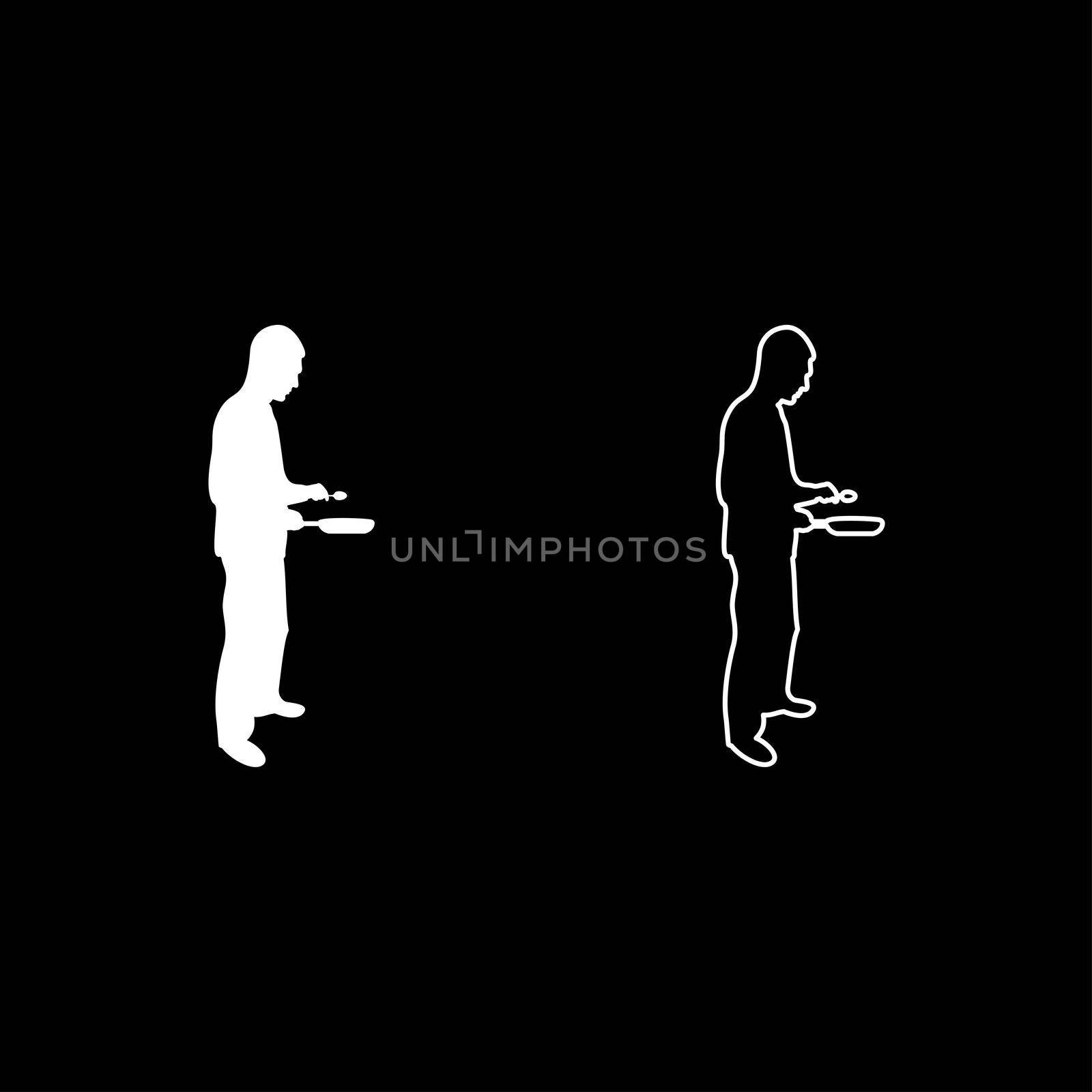 Man holds frying pan spoon Chef holding kitchen utensil Professional using Kitchen staff concept Domestic prepair food silhouette white color vector illustration solid outline style simple image