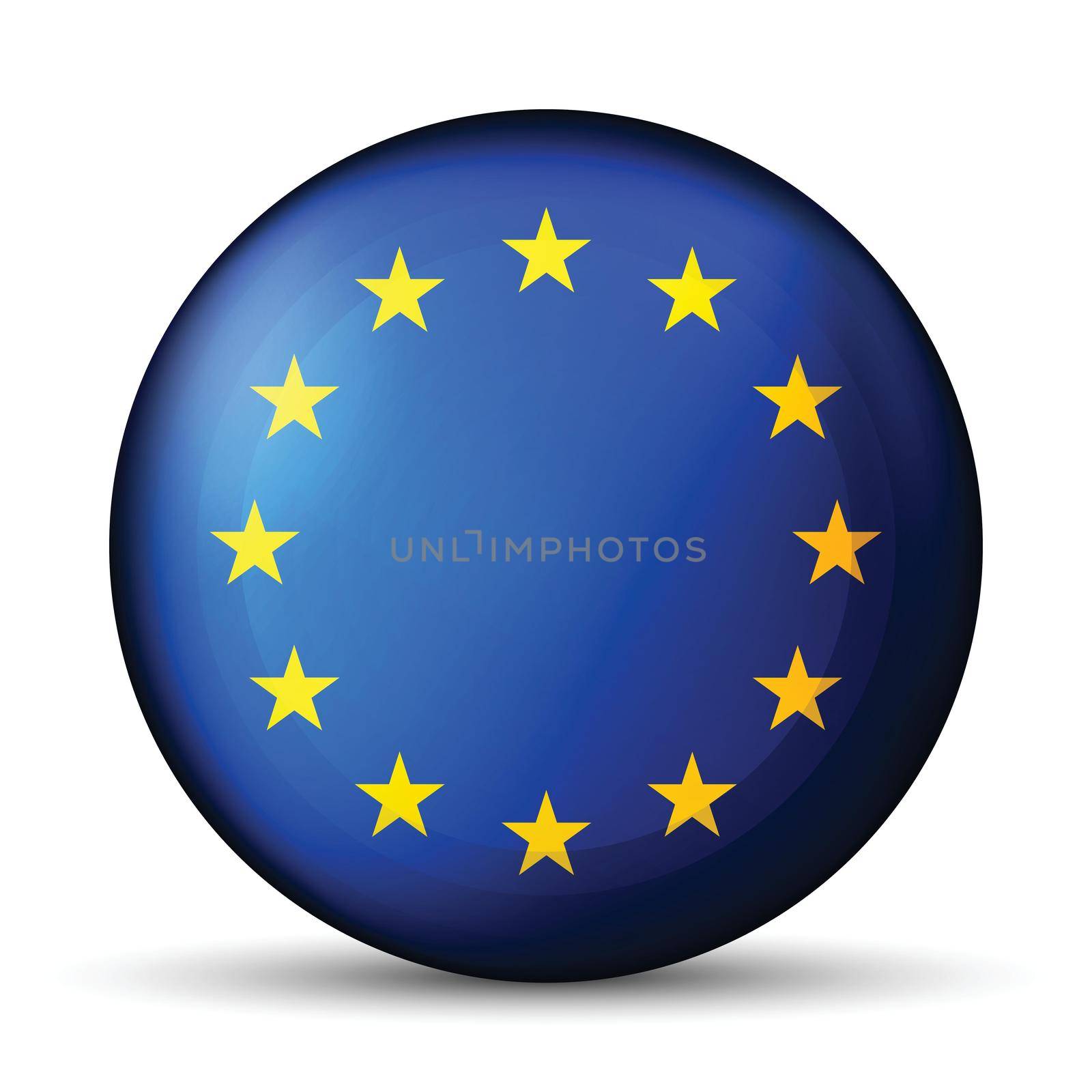 Glass light ball with European Union flag. Round sphere, template icon. EU national symbol. Glossy realistic ball, 3D abstract vector illustration highlighted on a white background. Big bubble by allaku