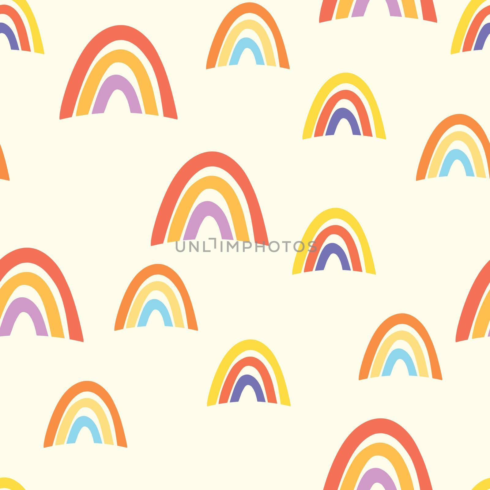 Trendy seamless pattern with colorful rainbow on color background. Design for invitation, poster, card, fabric, textile, fabric. Cute holiday illustration for baby. Doodle style.