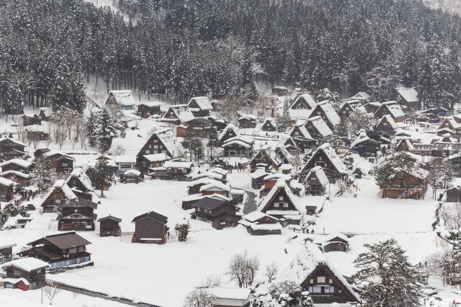 Shirakawago village with snow fall in winter season . Landmark of Gifu , Takayama , Japan . View point landscape .