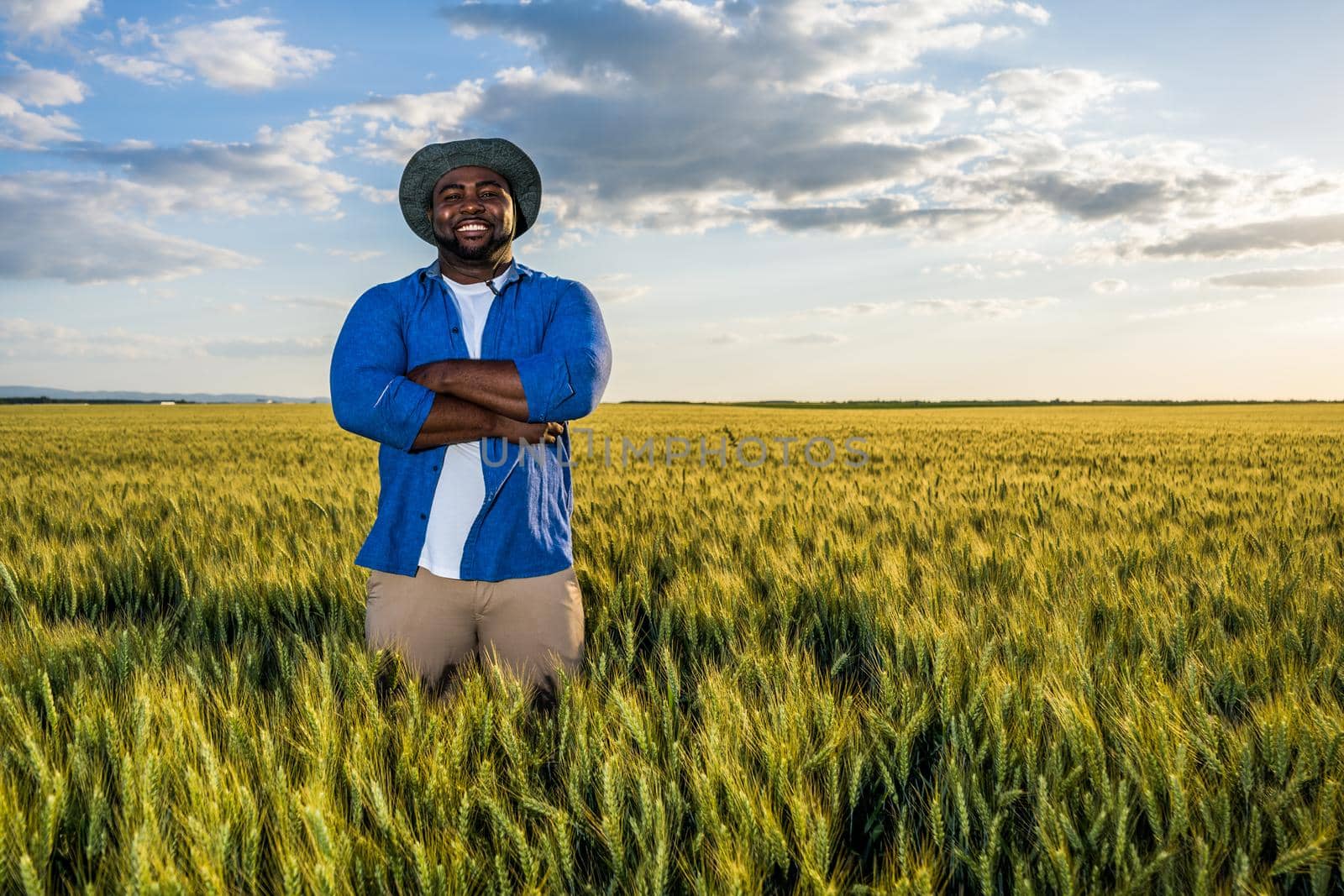 Farmer is standing in his growing wheat field. He is satisfied after successful sowing.