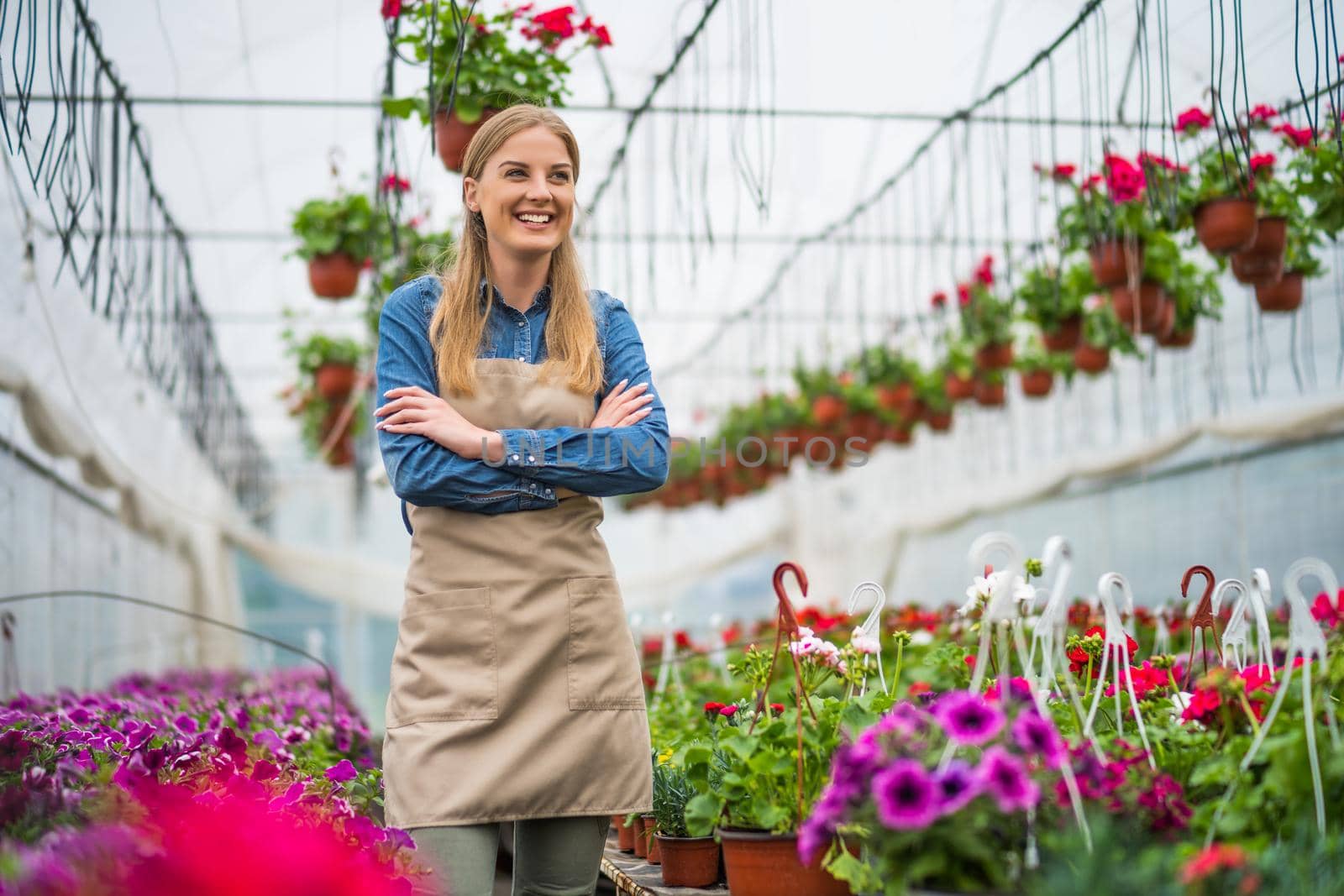 Woman is owning small business greenhouse store. Female entrepreneur.