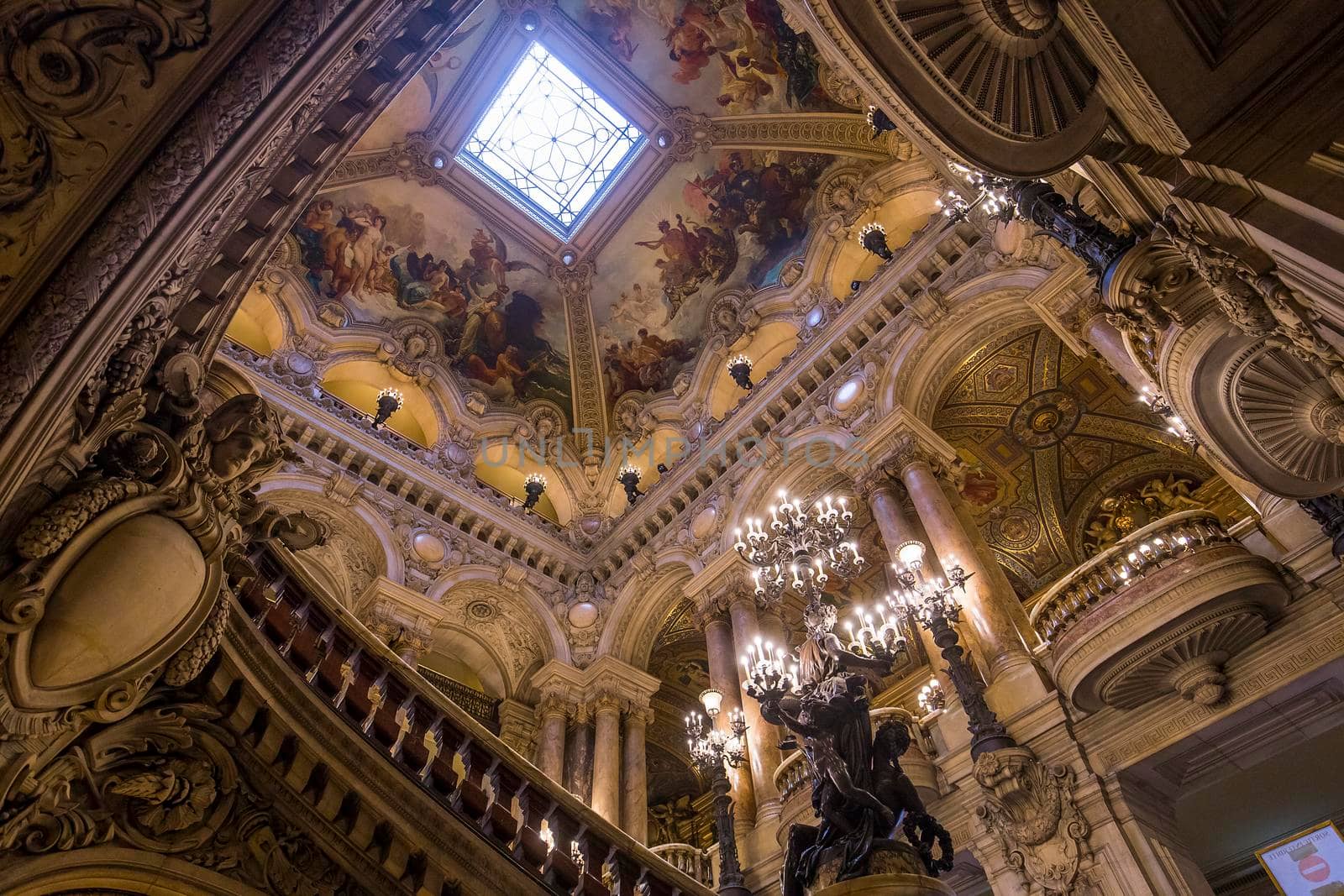 PARIS, FRANCE, MARCH 14, 2017 : interiors, frescoes and architectural details of the palais Garnier, Opera of Paris, march 14, 2017 in Paris, France.