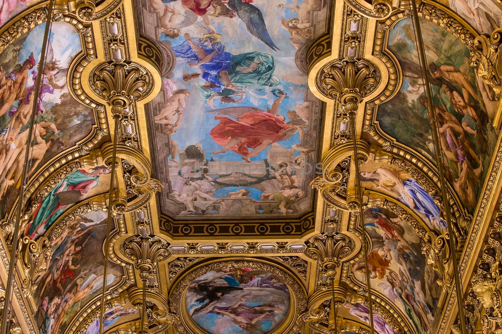 PARIS, FRANCE, MARCH 14, 2017 : interiors, frescoes and architectural details of the palais Garnier, Opera of Paris, march 14, 2017 in Paris, France.