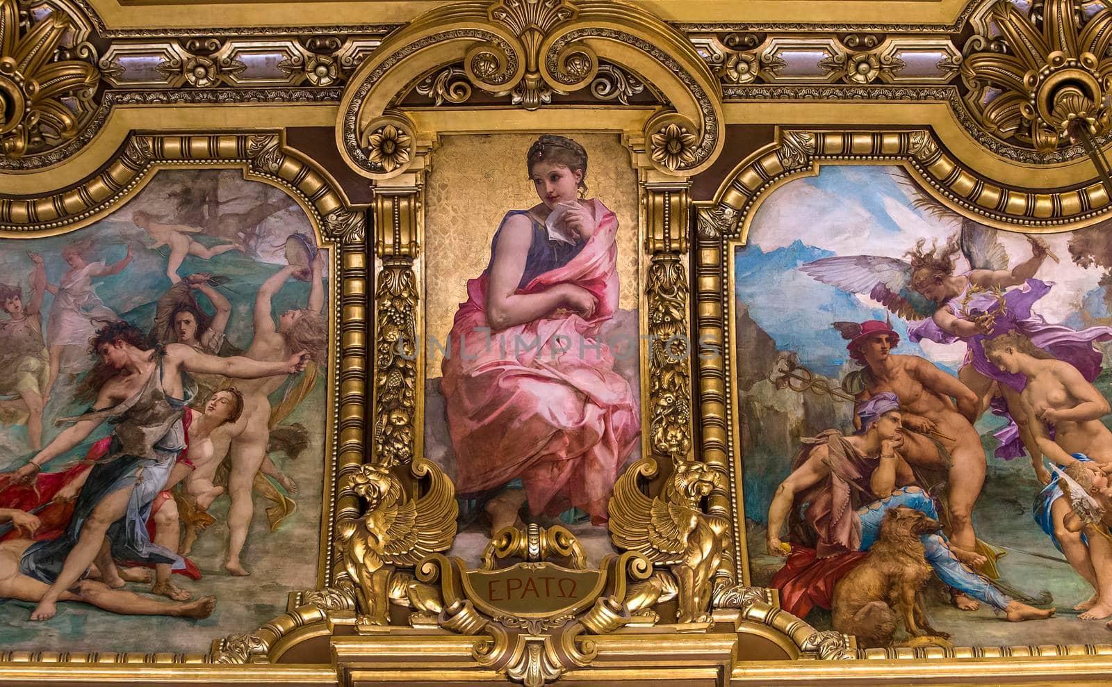 PARIS, FRANCE, MARCH 14, 2017 : interiors, frescoes and architectural details of the palais Garnier, Opera of Paris, march 14, 2017 in Paris, France.