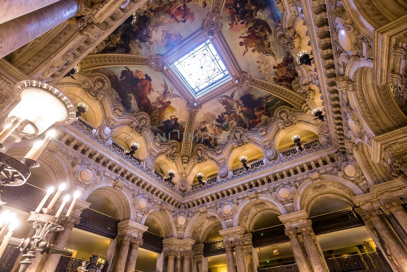 PARIS, FRANCE, MARCH 14, 2017 : interiors, frescoes and architectural details of the palais Garnier, Opera of Paris, march 14, 2017 in Paris, France.