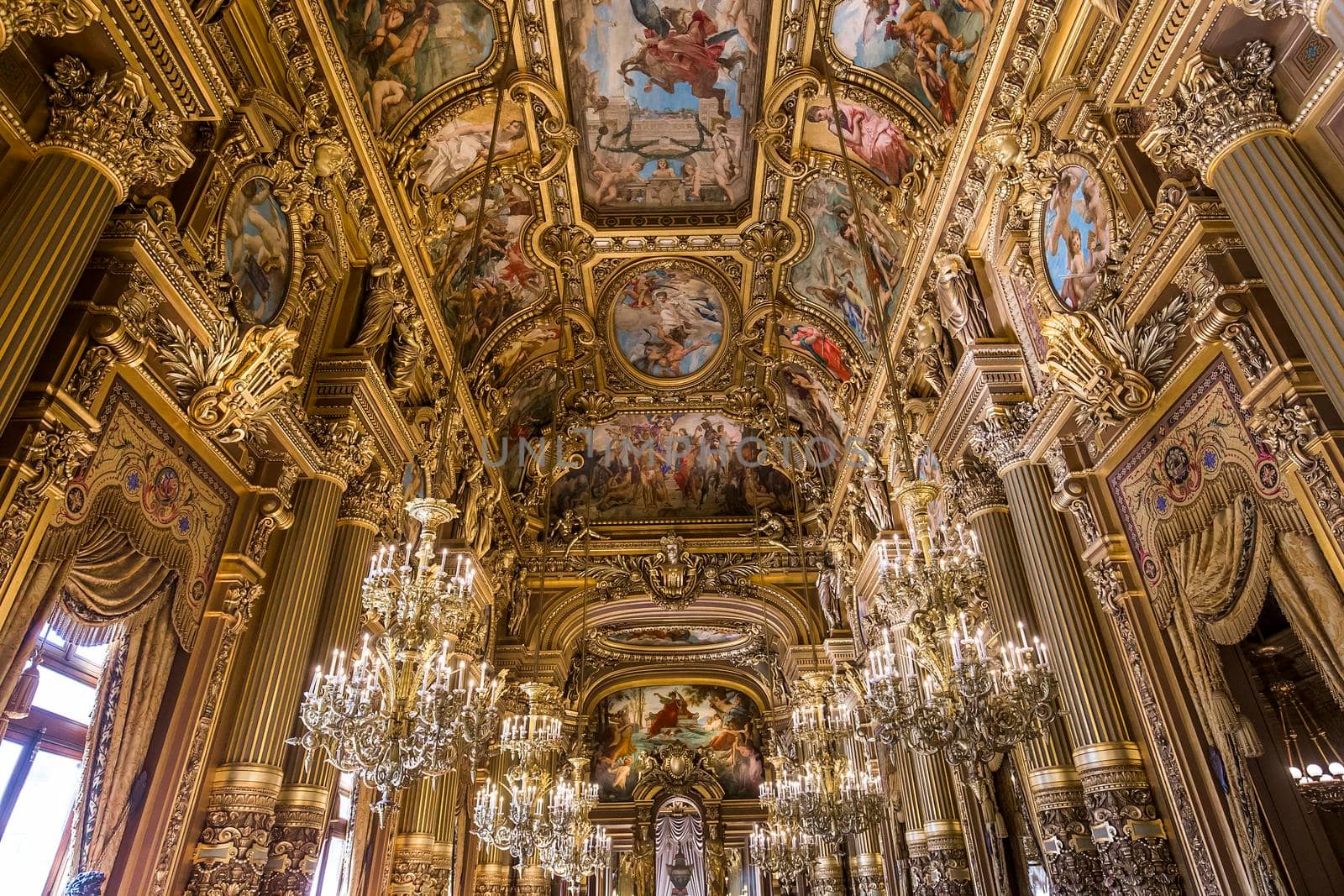 PARIS, FRANCE, MARCH 14, 2017 : interiors, frescoes and architectural details of the palais Garnier, Opera of Paris, march 14, 2017 in Paris, France.