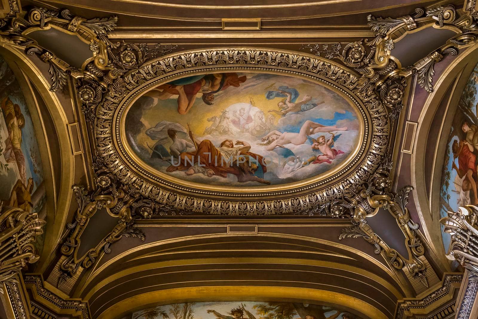 PARIS, FRANCE, MARCH 14, 2017 : interiors, frescoes and architectural details of the palais Garnier, Opera of Paris, march 14, 2017 in Paris, France.