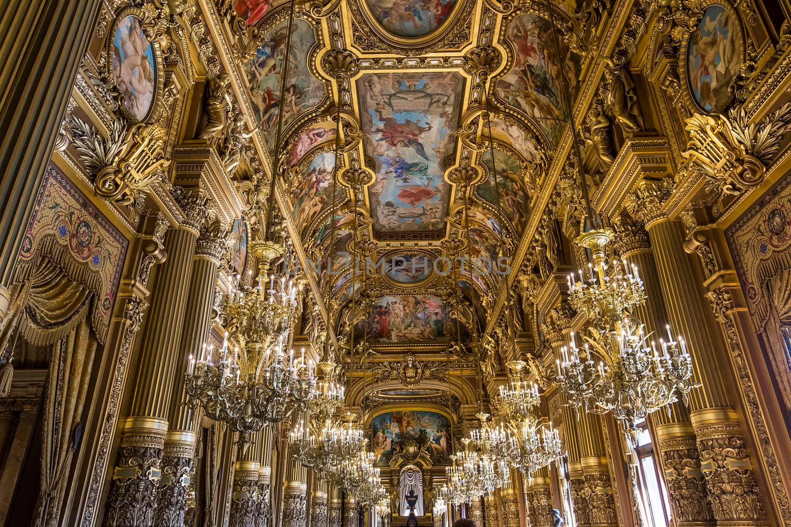 PARIS, FRANCE, MARCH 14, 2017 : interiors, frescoes and architectural details of the palais Garnier, Opera of Paris, march 14, 2017 in Paris, France.