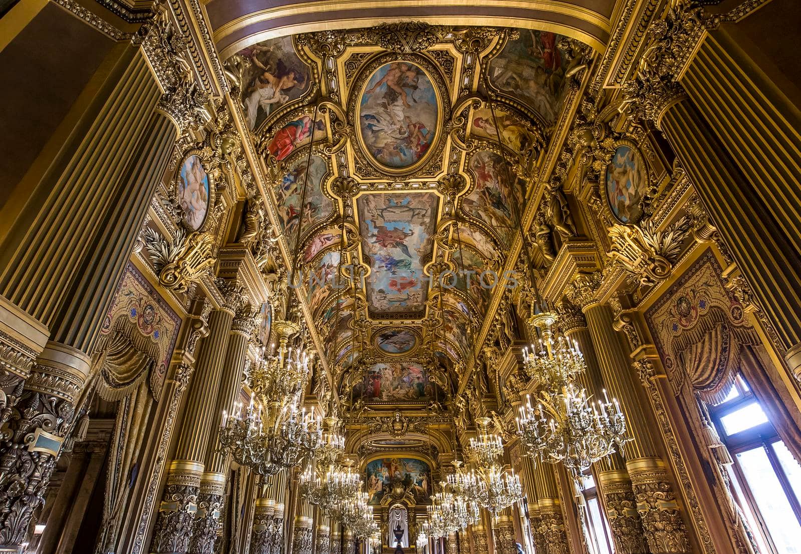 PARIS, FRANCE, MARCH 14, 2017 : interiors, frescoes and architectural details of the palais Garnier, Opera of Paris, march 14, 2017 in Paris, France.