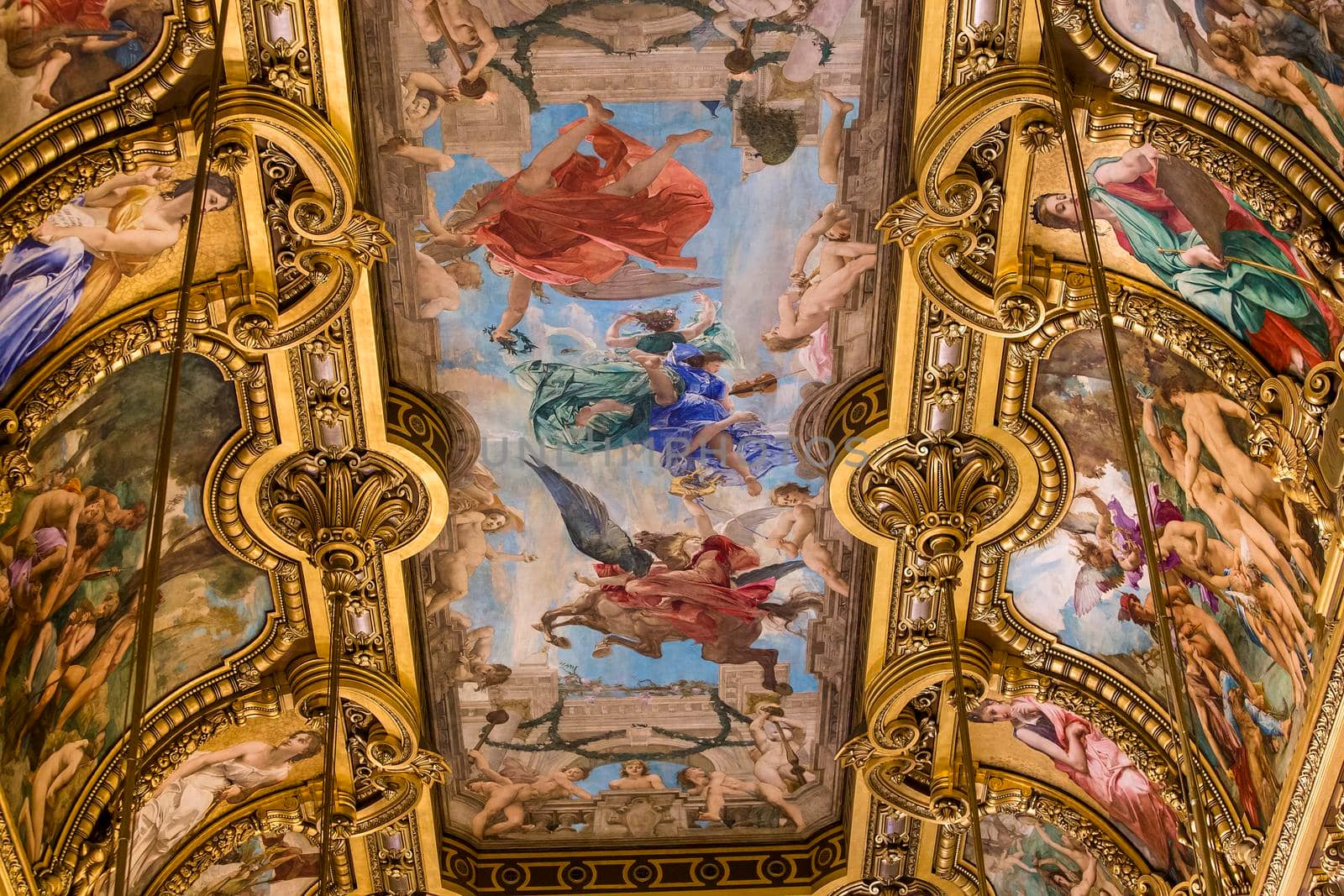 PARIS, FRANCE, MARCH 14, 2017 : interiors, frescoes and architectural details of the palais Garnier, Opera of Paris, march 14, 2017 in Paris, France.