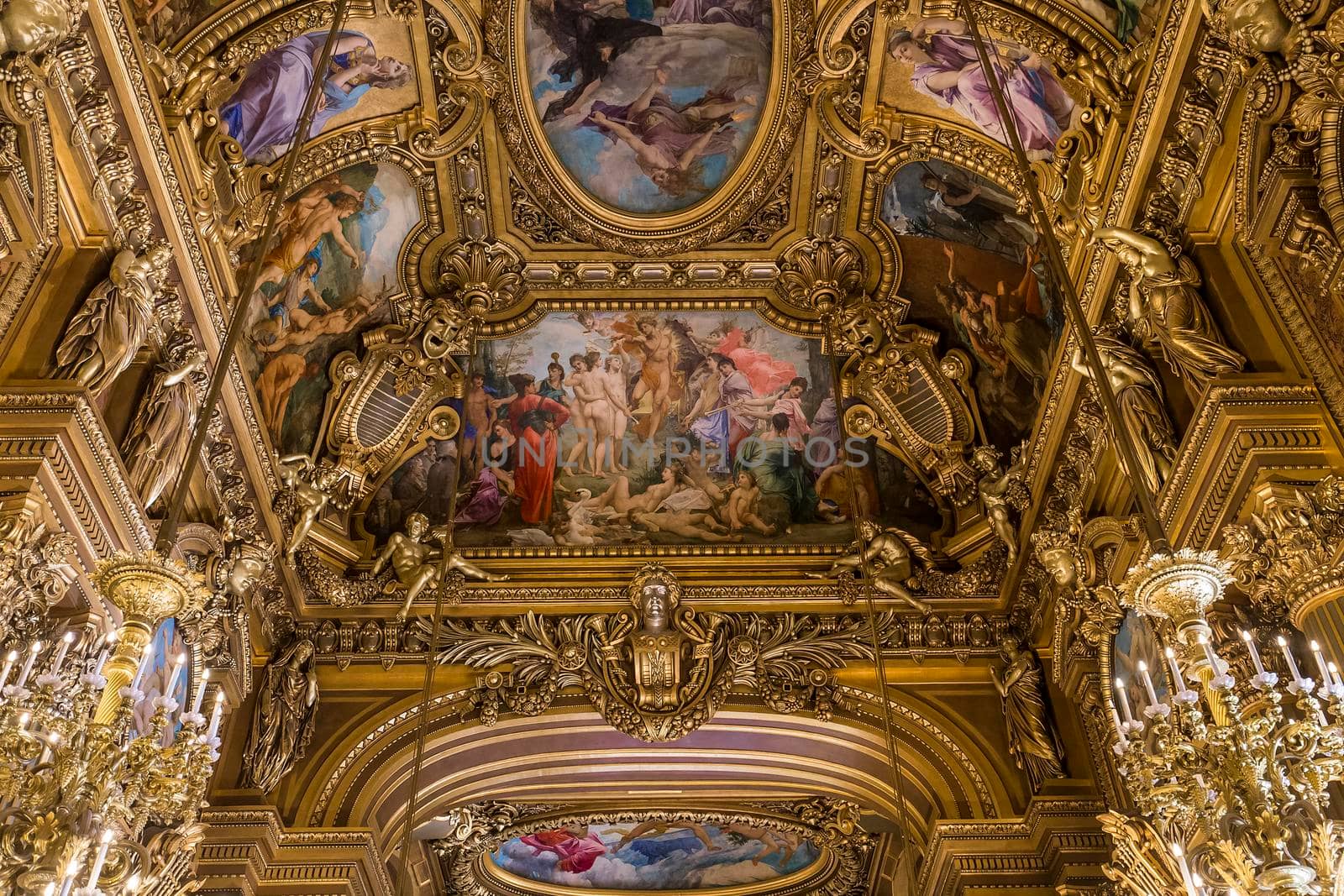 PARIS, FRANCE, MARCH 14, 2017 : interiors, frescoes and architectural details of the palais Garnier, Opera of Paris, march 14, 2017 in Paris, France.