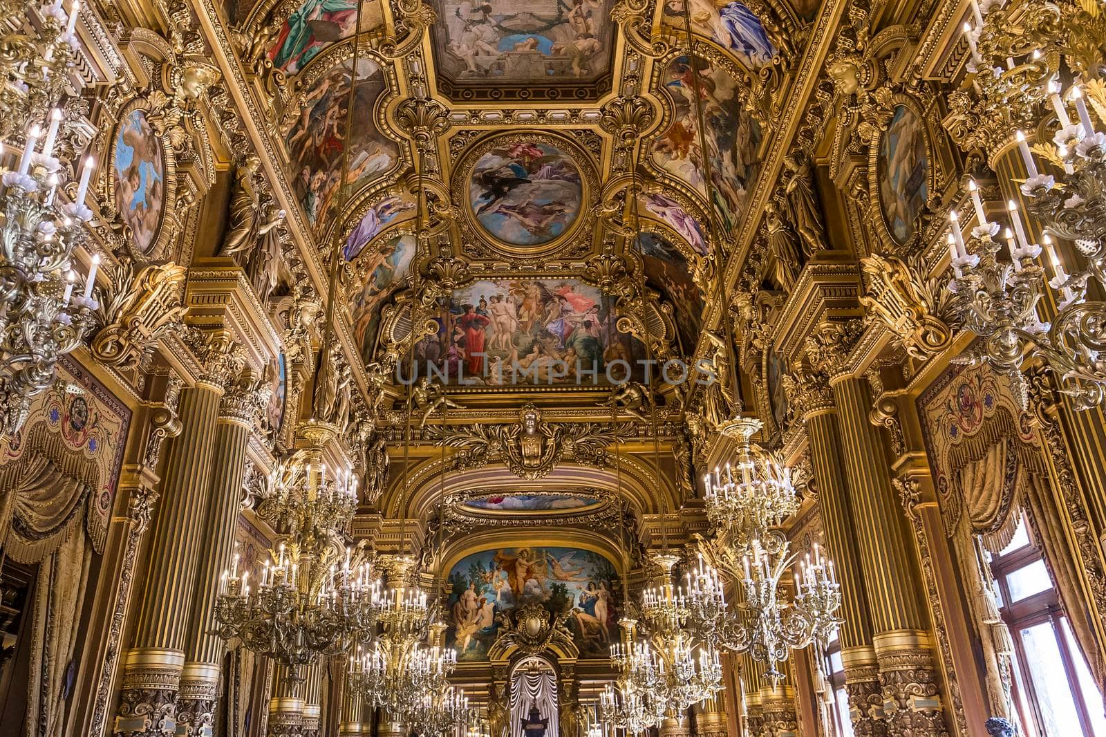 PARIS, FRANCE, MARCH 14, 2017 : interiors, frescoes and architectural details of the palais Garnier, Opera of Paris, march 14, 2017 in Paris, France.