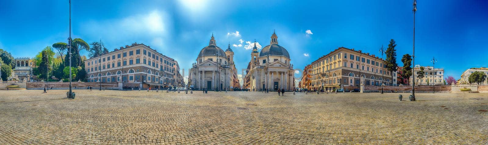 Panoramic view of the twin churches in Piazza del Popolo, iconic square and major landmark in Rome, Italy