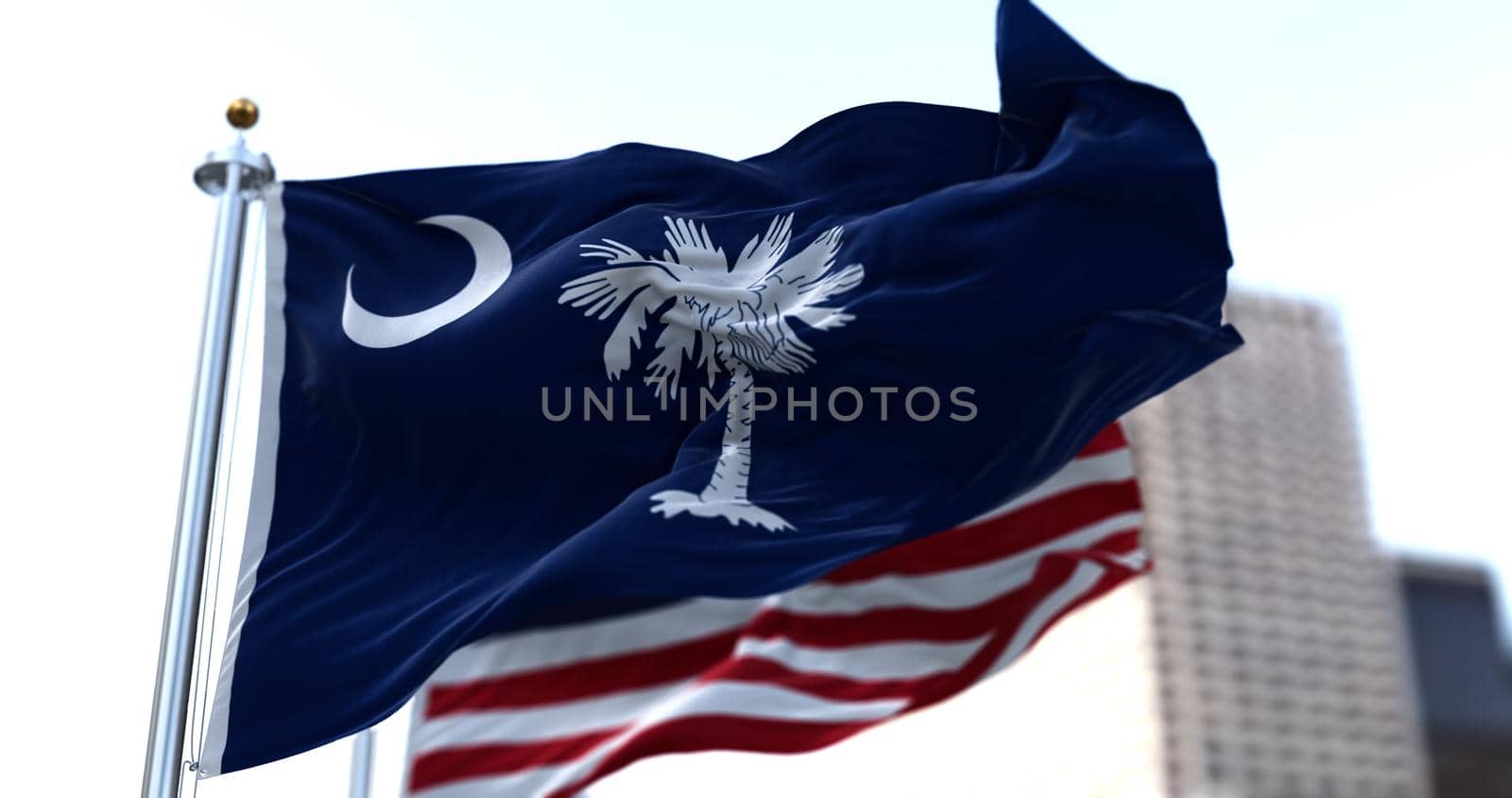 The flags of the South Carolina state and United States of America waving in the wind. Democracy and independence. American state.