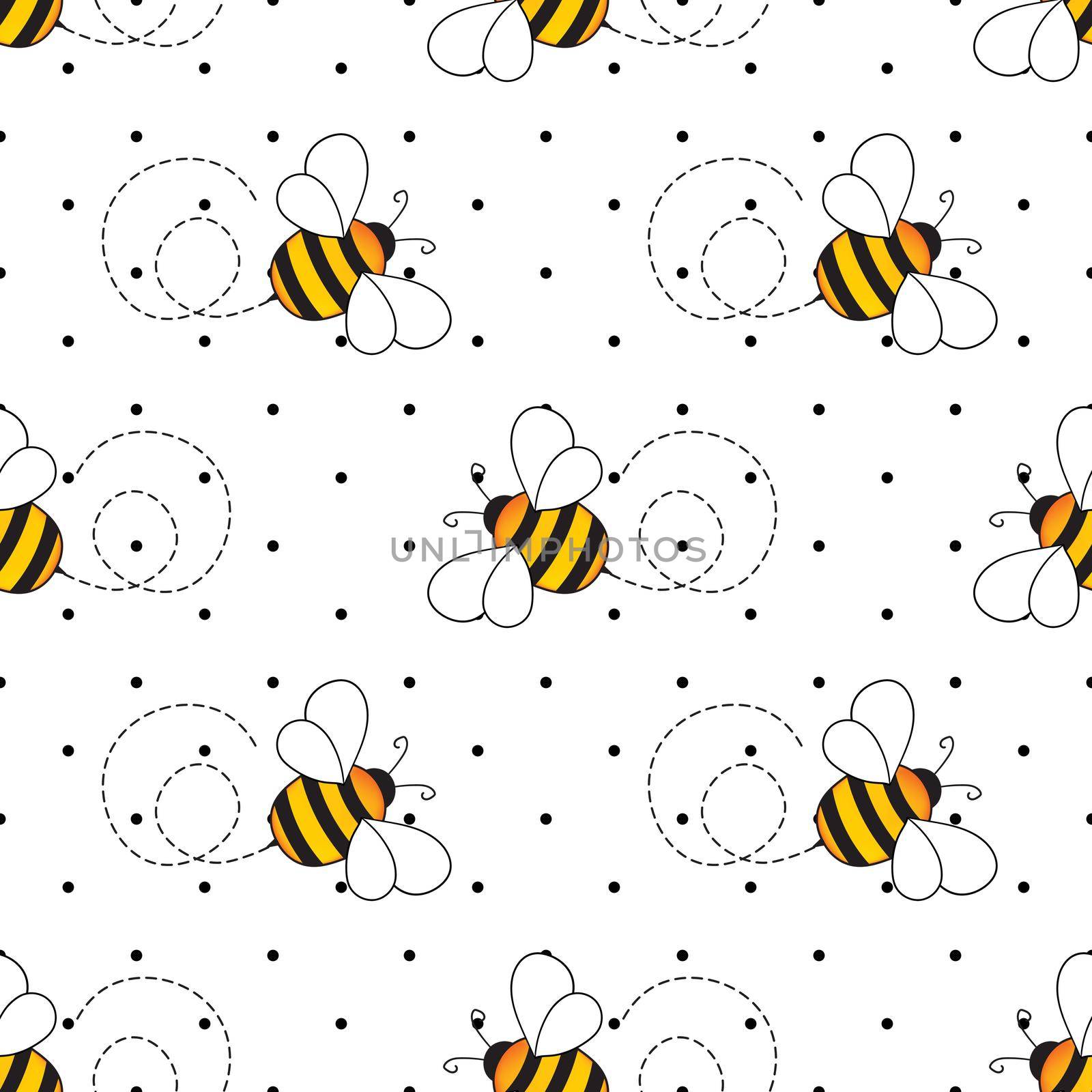 Seamless pattern with bees on white polka dots background. Small wasp. Vector illustration. Adorable cartoon character. Template design for invitation, cards, textile, fabric. Doodle style by allaku