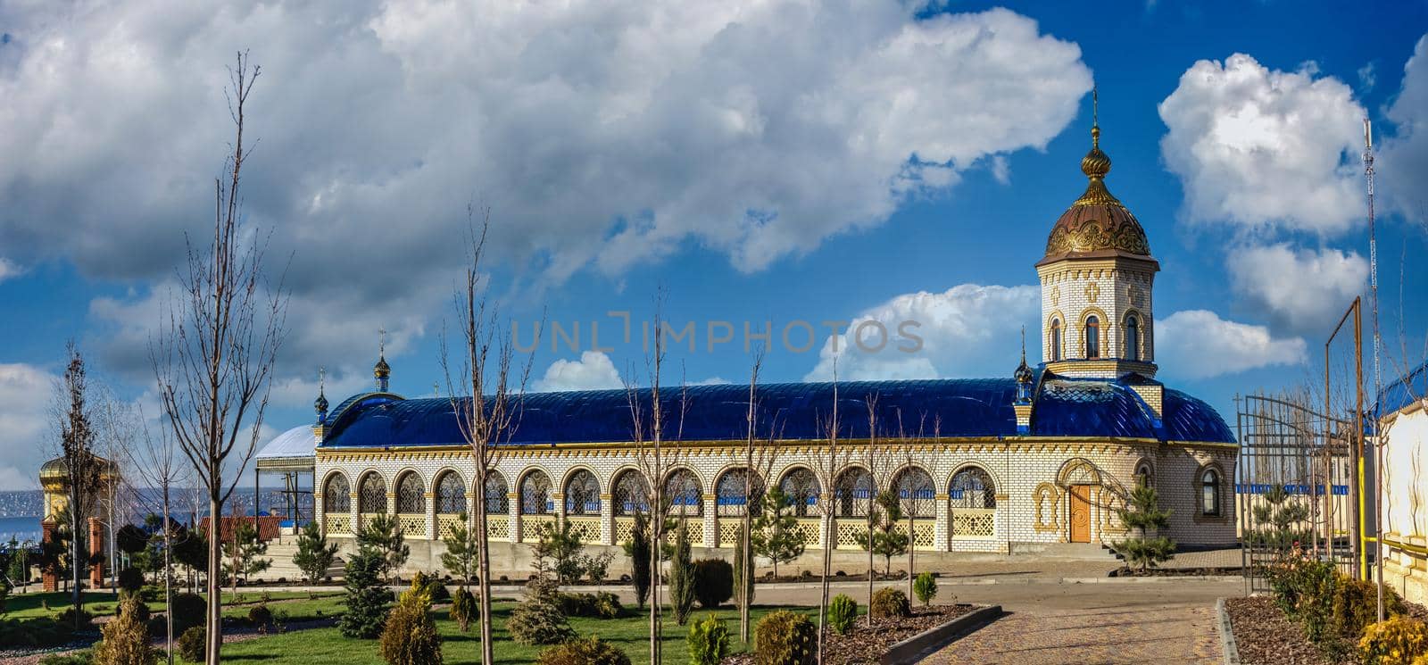 Marinovka village, Ukraine 02.01.2021. Holy Protection Skete of the Holy Dormition Odessa Monastery of the Odessa Diocese of the Ukrainian Orthodox Church on a sunny winter day