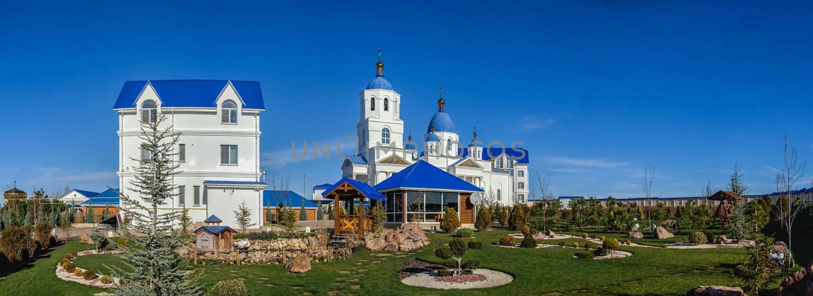 Marinovka village, Ukraine 02.01.2021. Holy Protection Skete of the Holy Dormition Odessa Monastery of the Odessa Diocese of the Ukrainian Orthodox Church on a sunny winter day