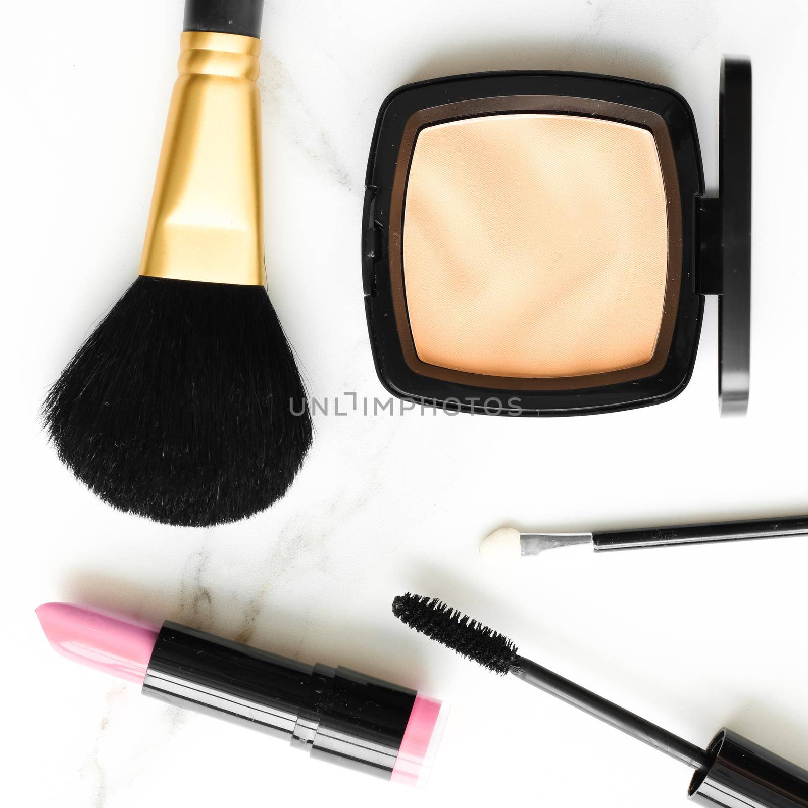 Make-up and cosmetics products on marble, flatlay background by Anneleven