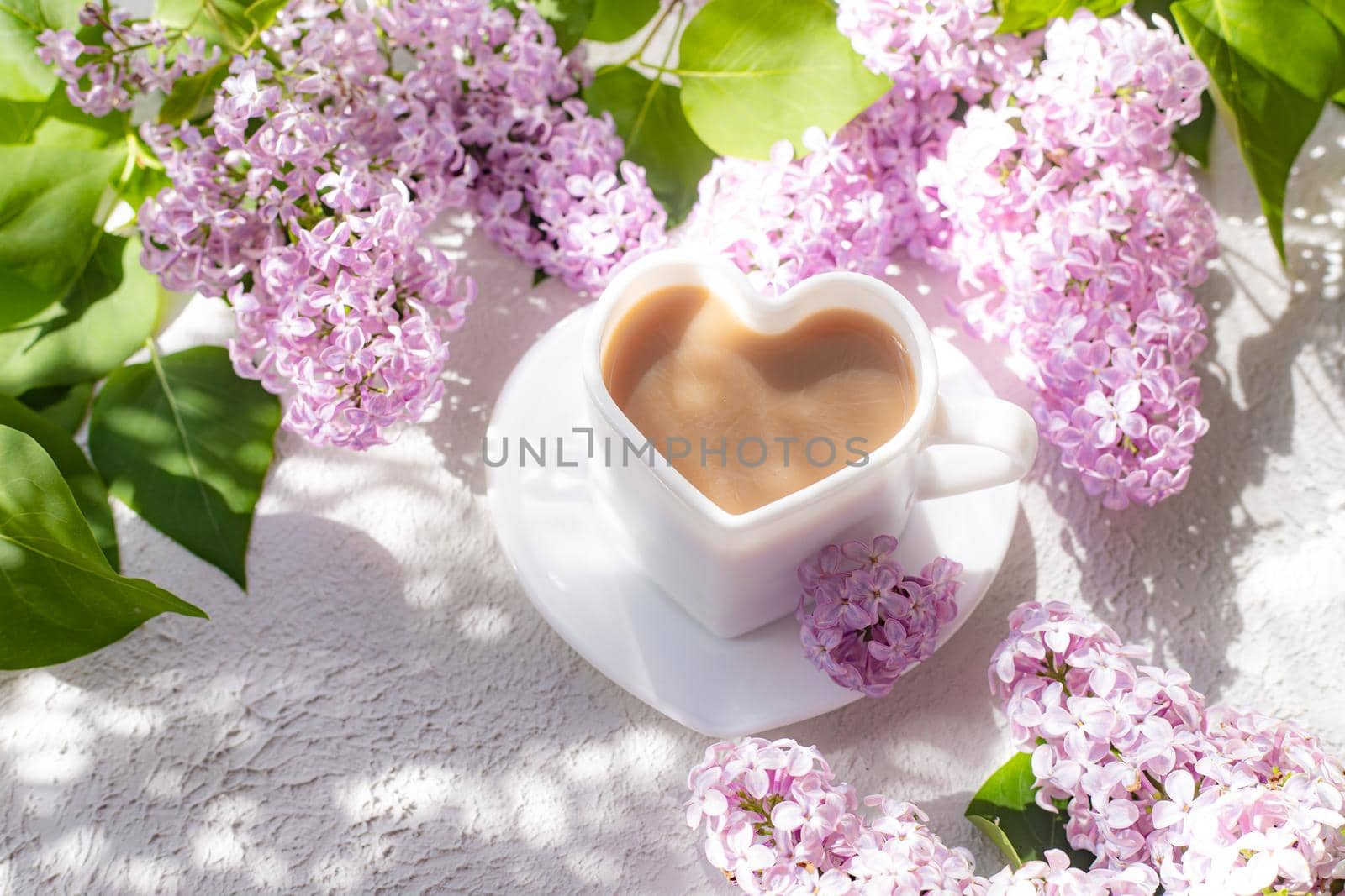 Cappuccino coffee in a cup and a branch of lilac on a white background with shadows . A hot drink. relax. The concept of cafeteria advertising. Article about cappuccino. Making cappuccino. Lilac branches. Spring. Copy space