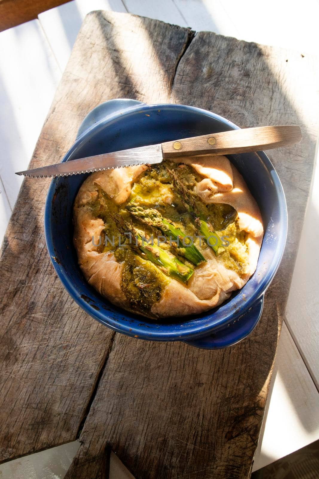 Vegan Cuisine Savory cake made with natural ingredients such as spelled flour and asparagus cream 