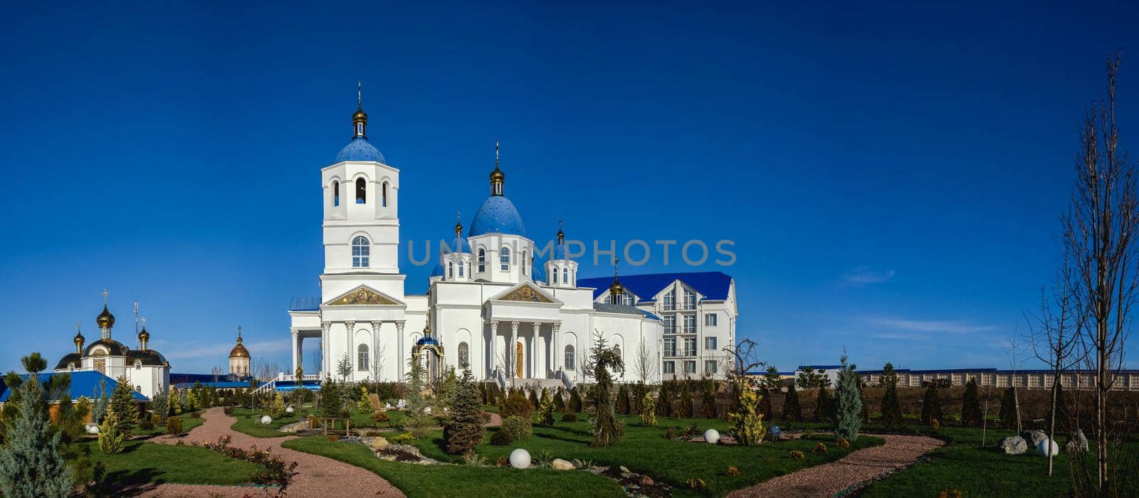 Marinovka village, Ukraine 02.01.2021. Holy Protection Skete of the Holy Dormition Odessa Monastery of the Odessa Diocese of the Ukrainian Orthodox Church on a sunny winter day