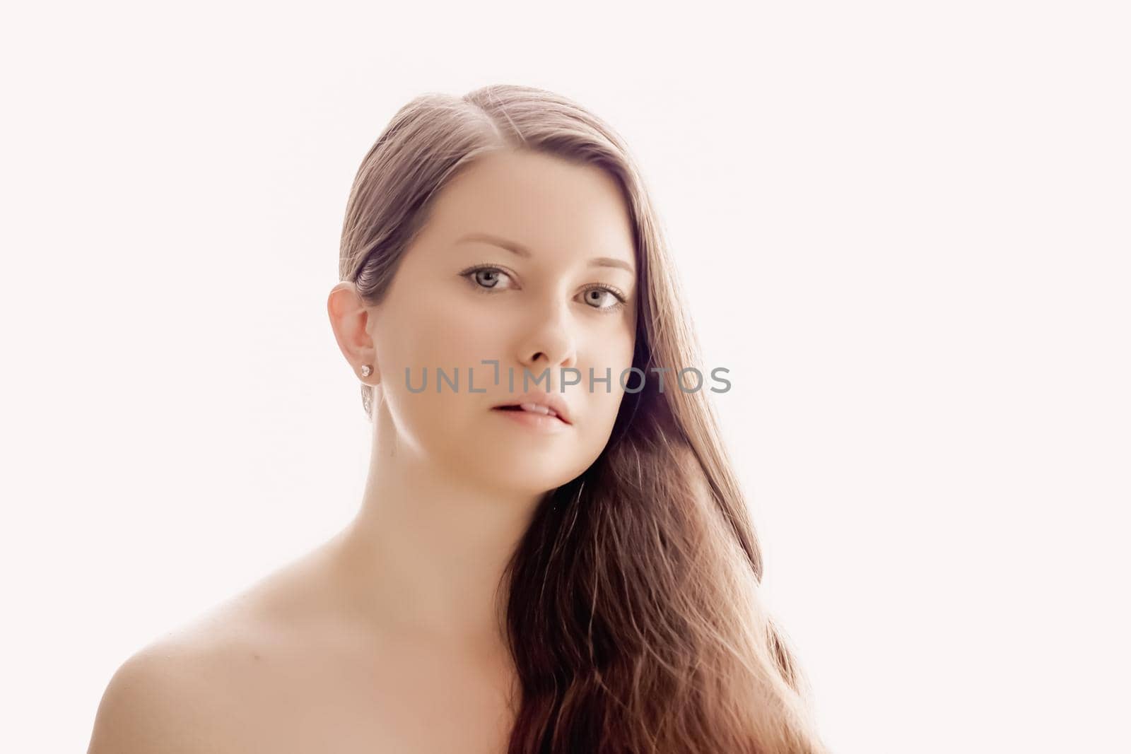 Beautiful woman with natural look, perfect skin and shiny hair as make-up, health and wellness concept. Face portrait of young female model for skincare cosmetics and luxury beauty ad design by Anneleven