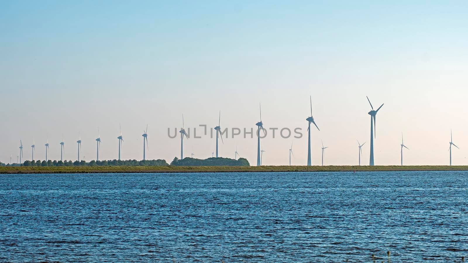 Windfarm near Lemmer at the Ijsselmeer in the Netherlands
