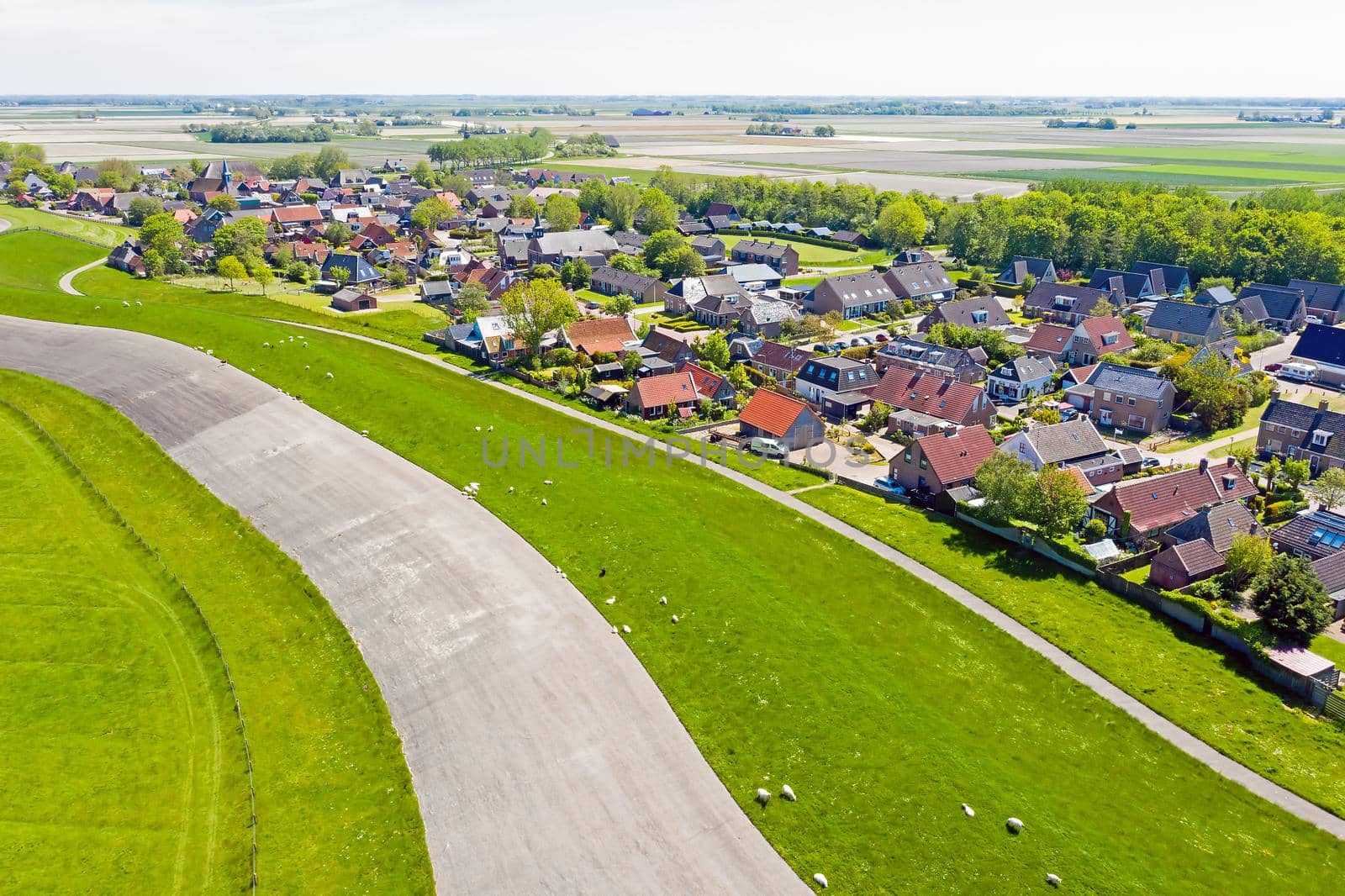 Aerial from the village Moddergat at the Wadden Sea in Friesland the Netherlands
