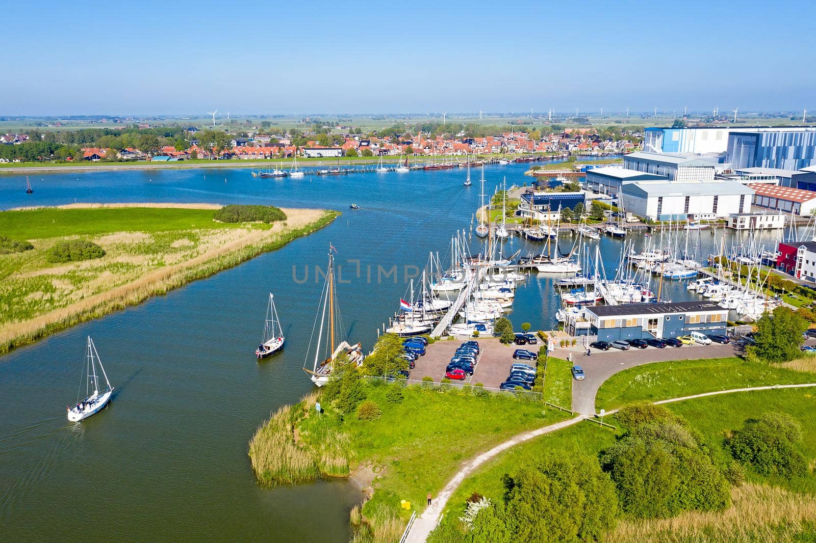 Aerial from the village and harbor from Workum in Friesland the Netherlands