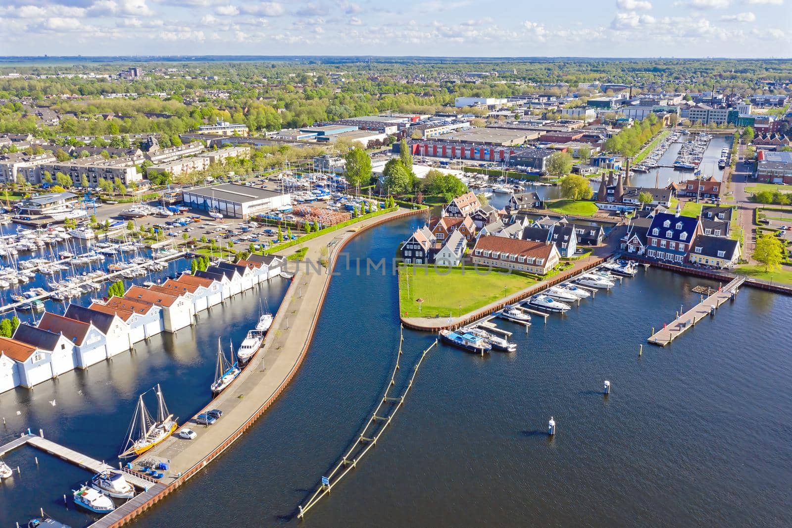 Aerial from the harbor from Huizen in the Netherlands