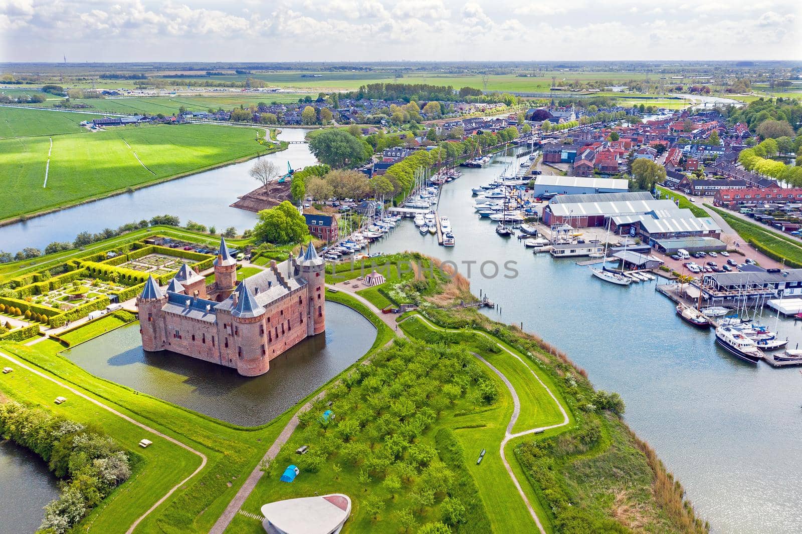 Aerial from the medieval Muiderslot castle and the city Muiden in the Netherlands