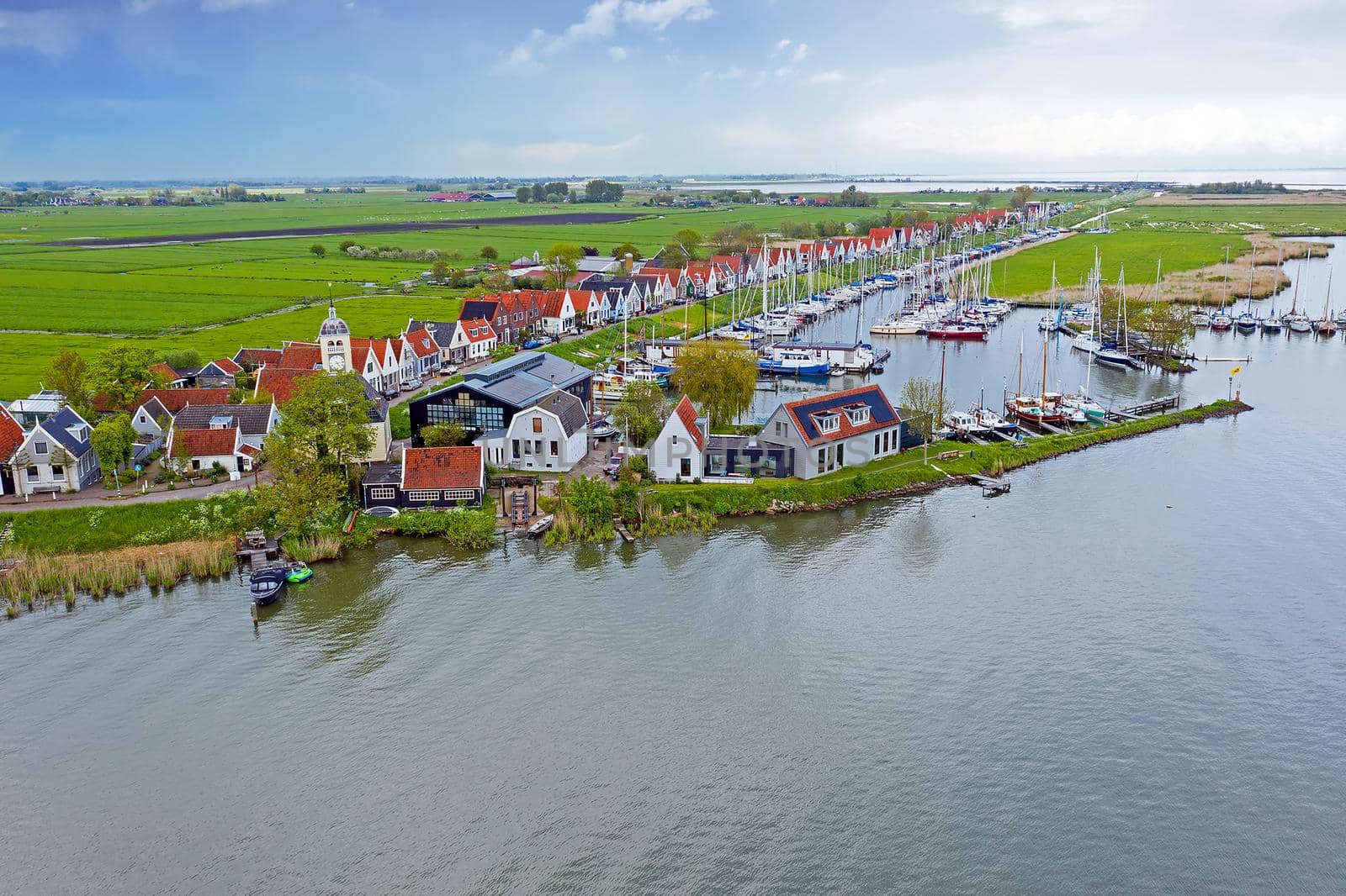 Aerial from the ancient village Durgerdam at the IJsselmeer in the Netherlands