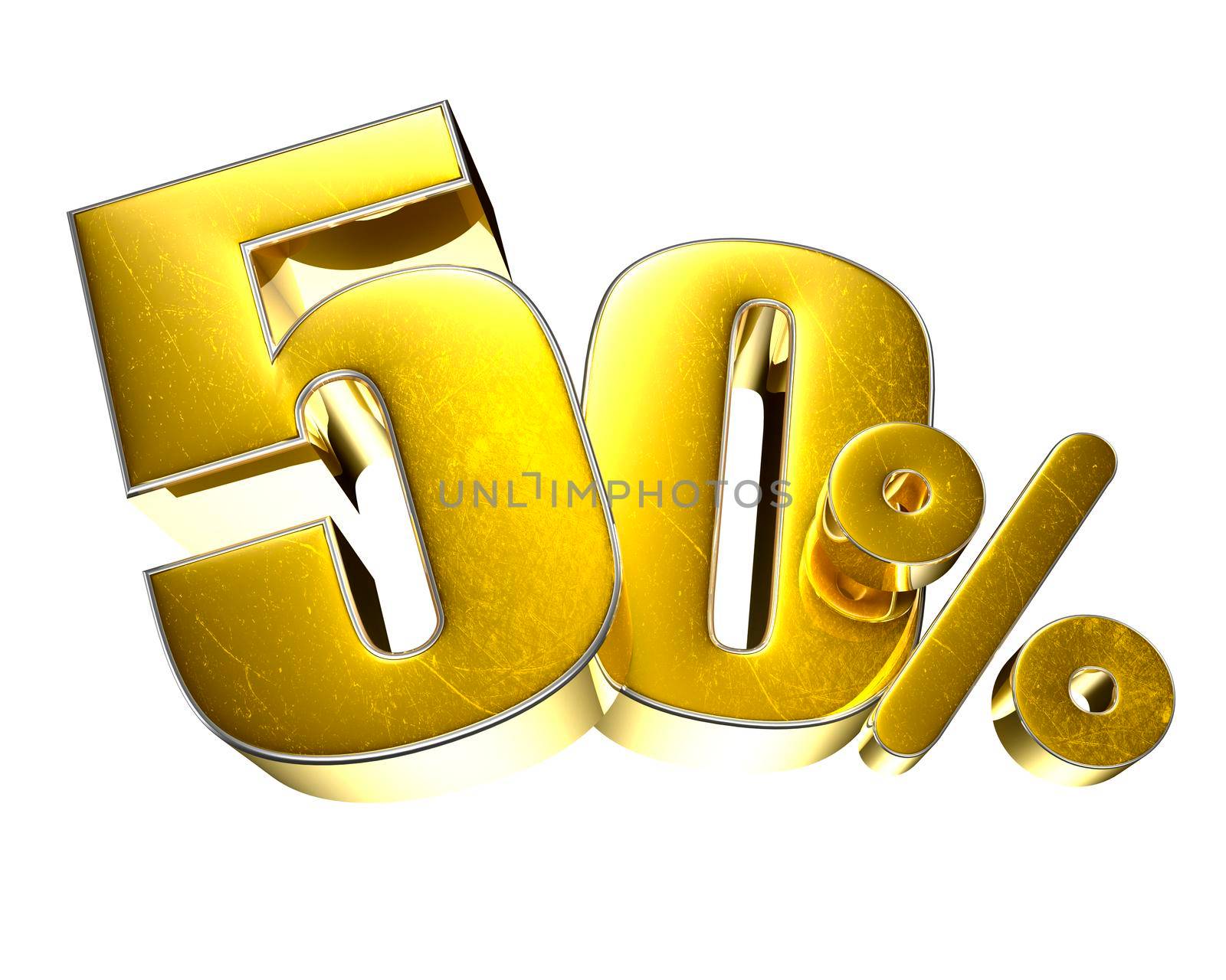 50 Percent Gold 3D illustration on a white background with clipping path.