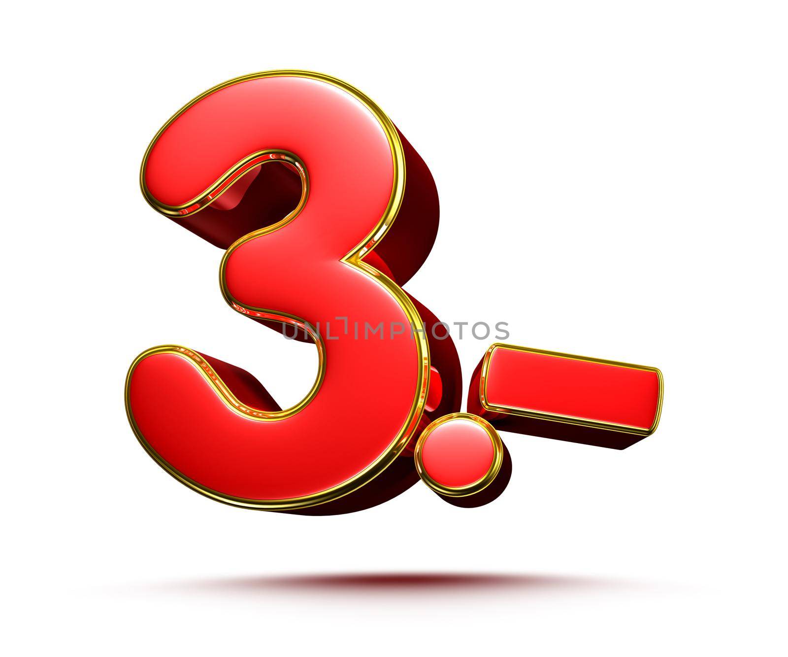 Price tag number 3 red 3D illustration with gold border on a white background with clipping path. by thitimontoyai