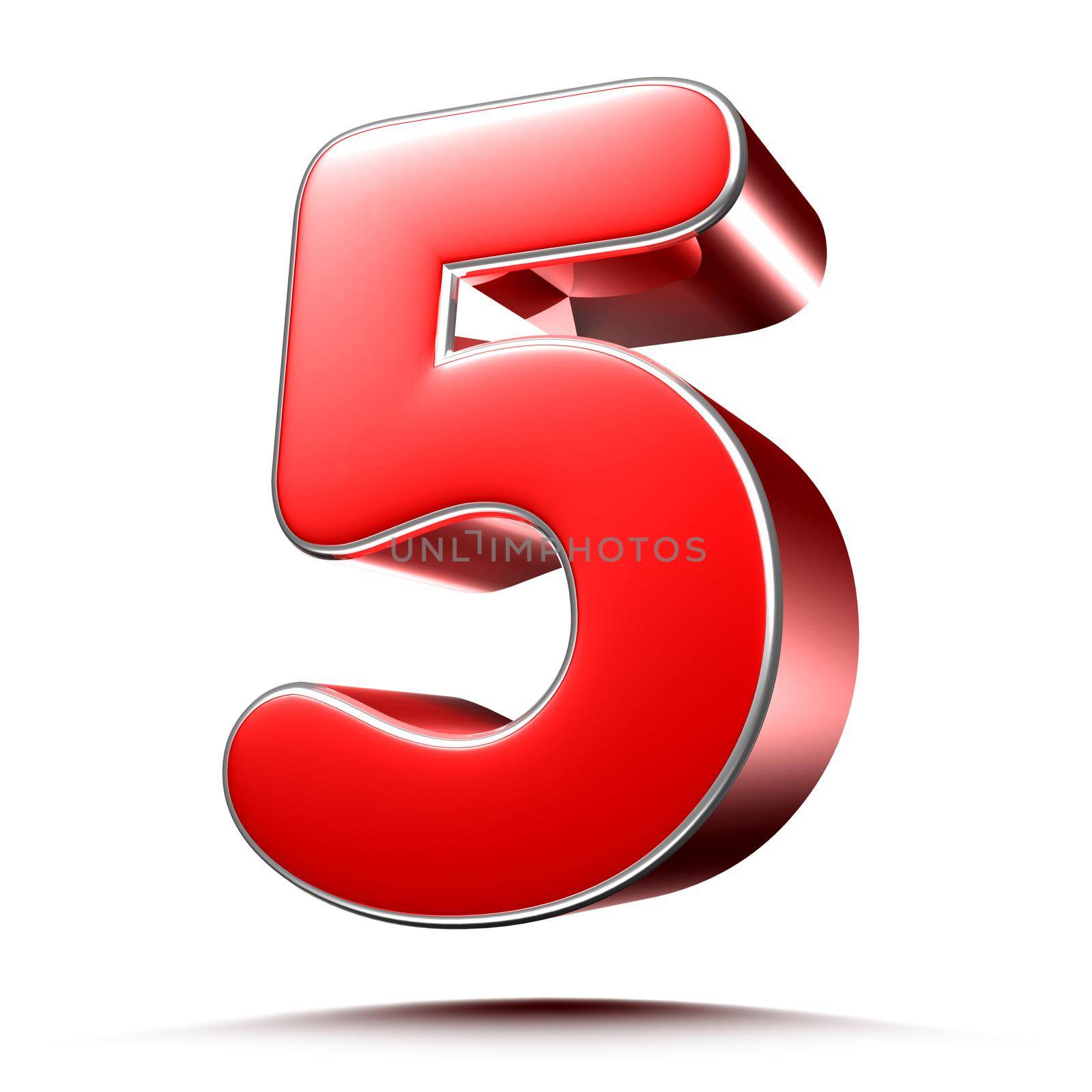 Red numbers 5 on white background 3D rendering with clipping path.