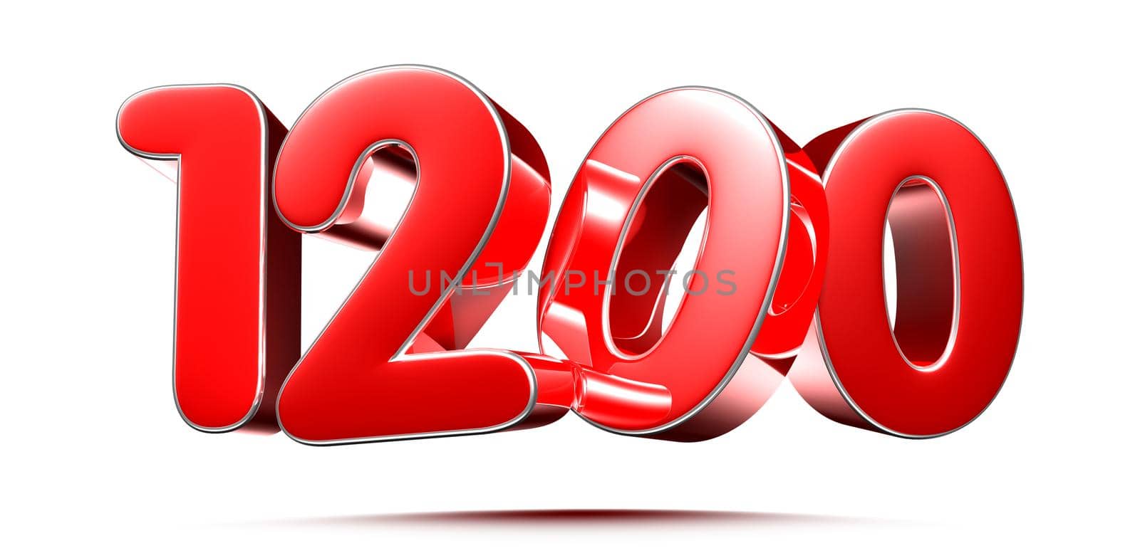 Rounded red numbers 1200 on white background 3D illustration with clipping path