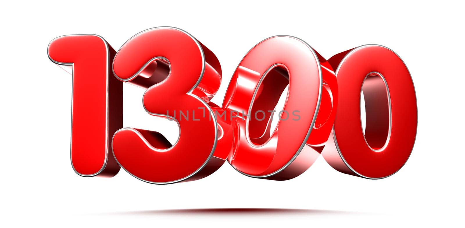 Rounded red numbers 1300 on white background 3D illustration with clipping path