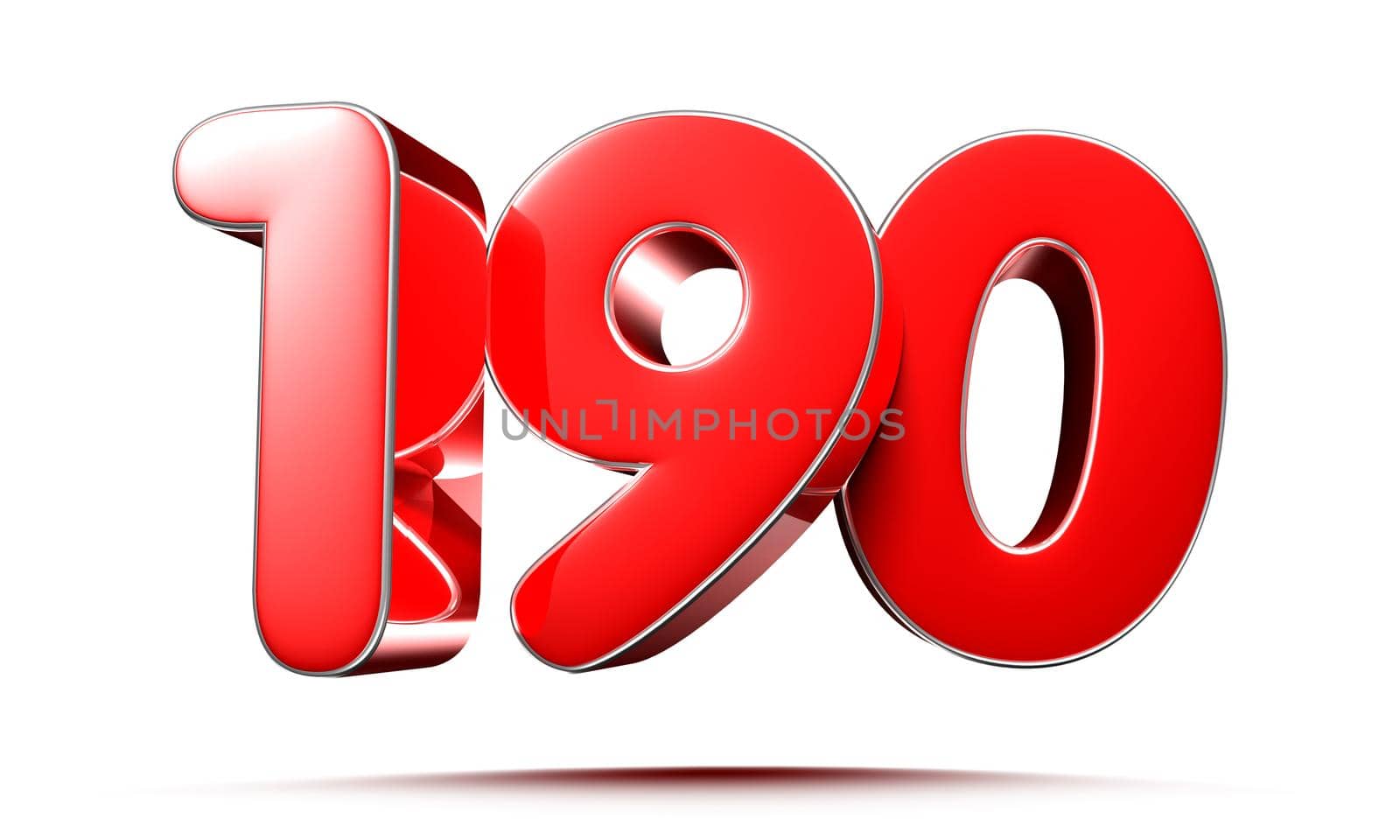 Rounded red numbers 190 on white background 3D illustration with clipping path