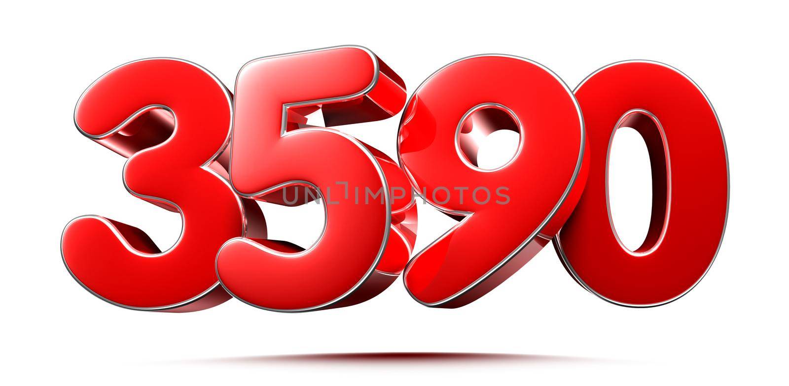 Rounded red numbers 3590 on white background 3D illustration with clipping path